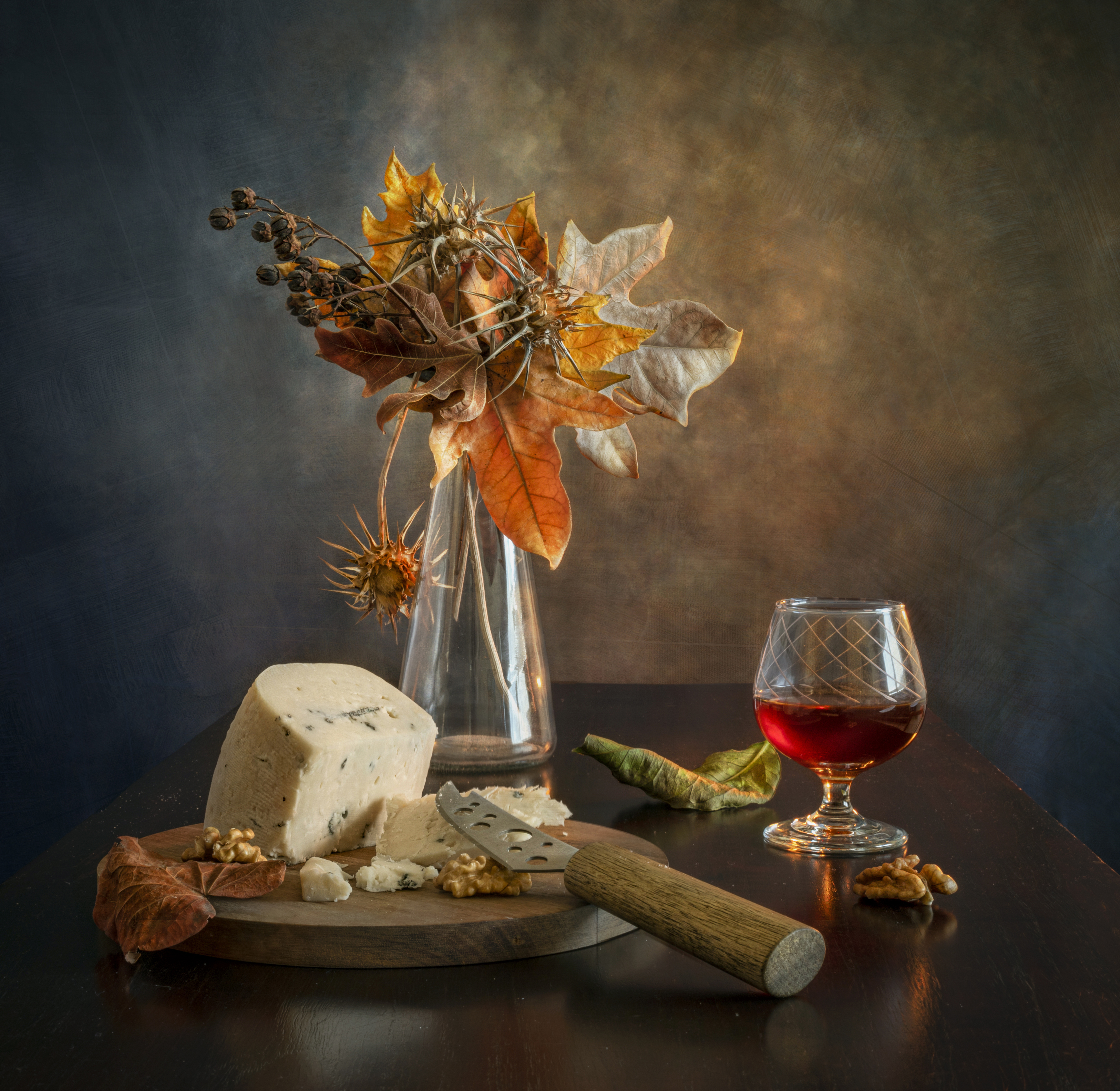 cheese, leaves, knife, glass, brandy, nuts, Горбачева Маментьева Татьяна