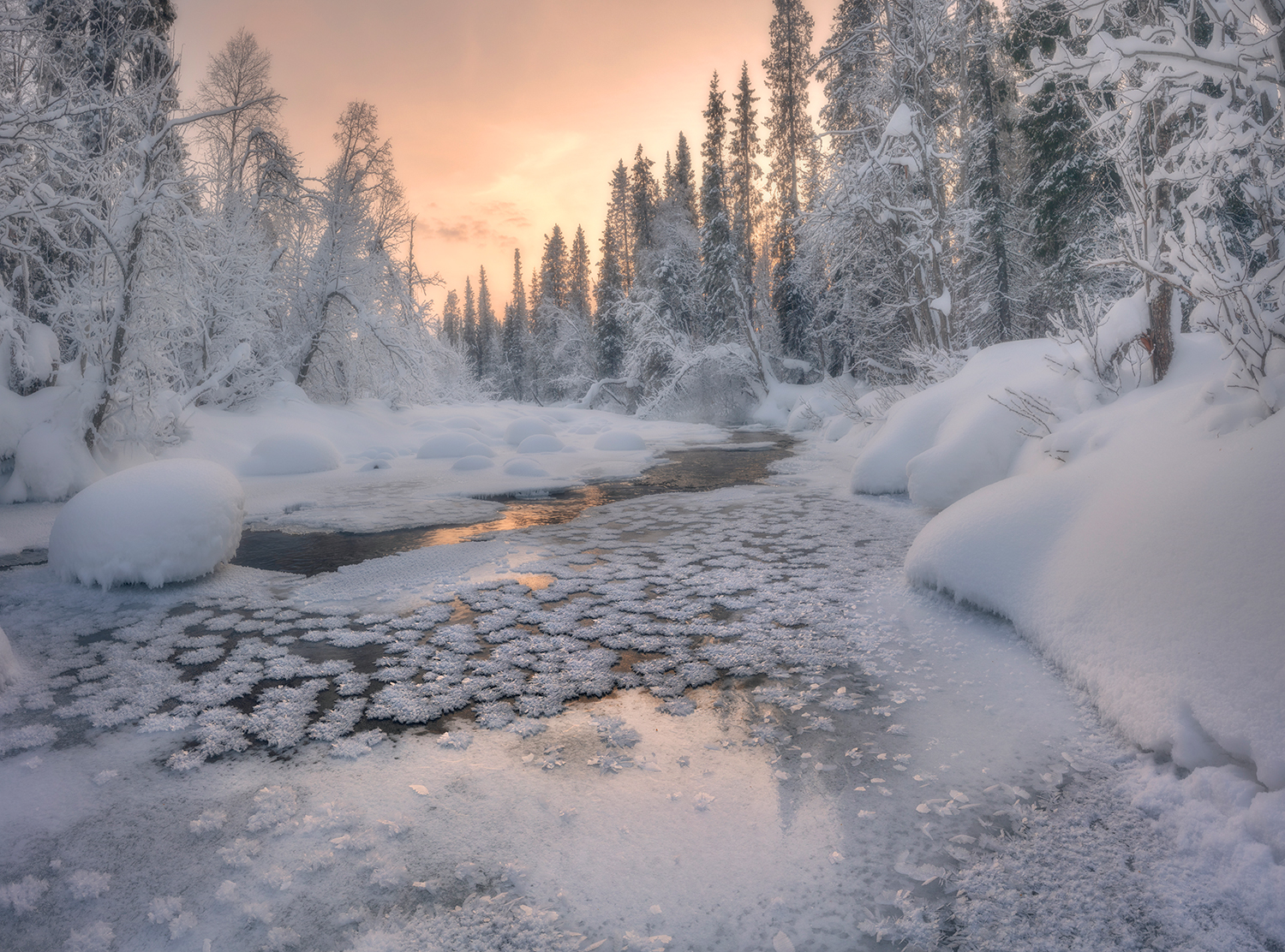 зима мороз снег цветы закат река, Сергей Буторин