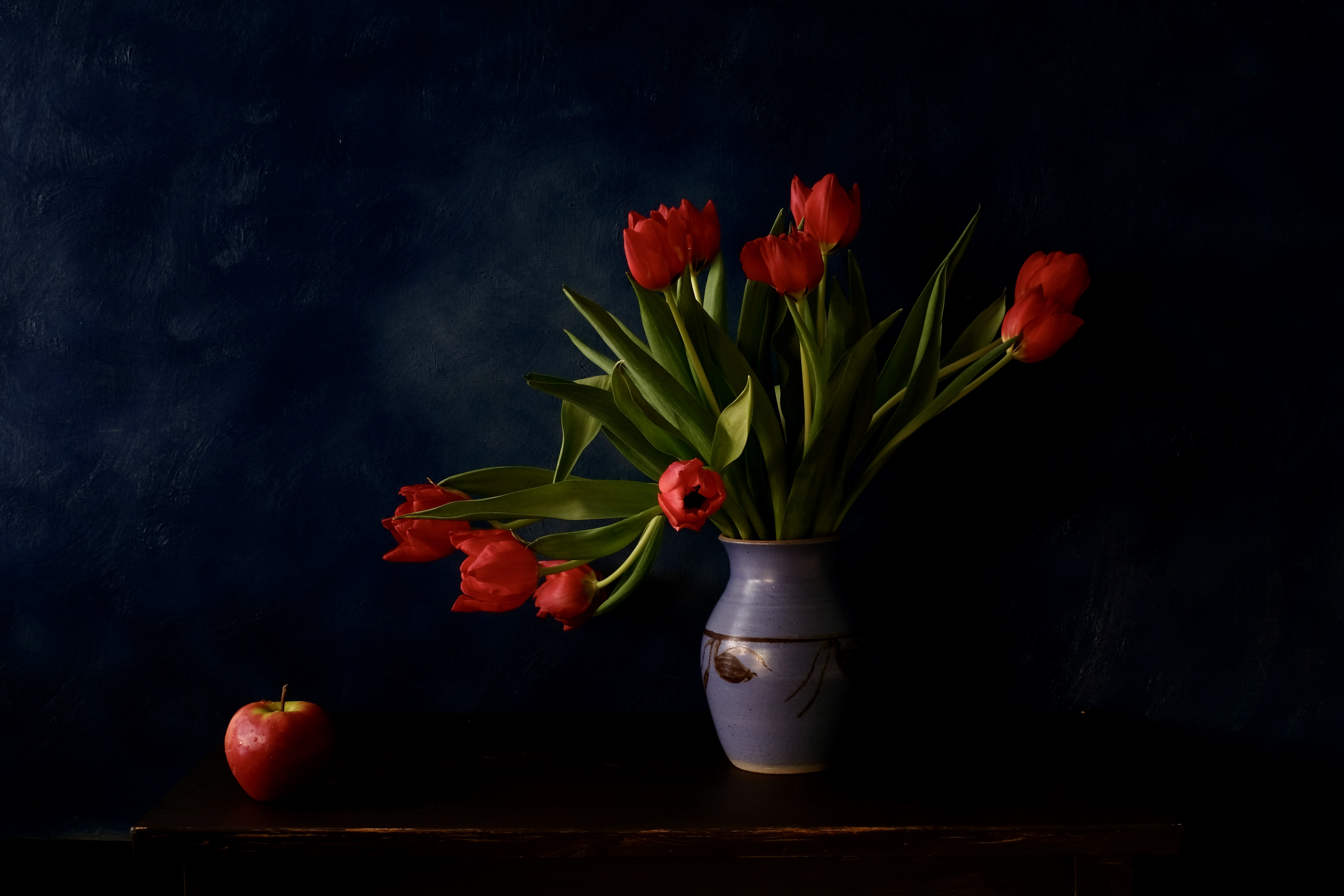 Still life, tulips, apple, mood, vase, flowers, fruit, shadow, red, nature, , Svetlana Povarova Ree