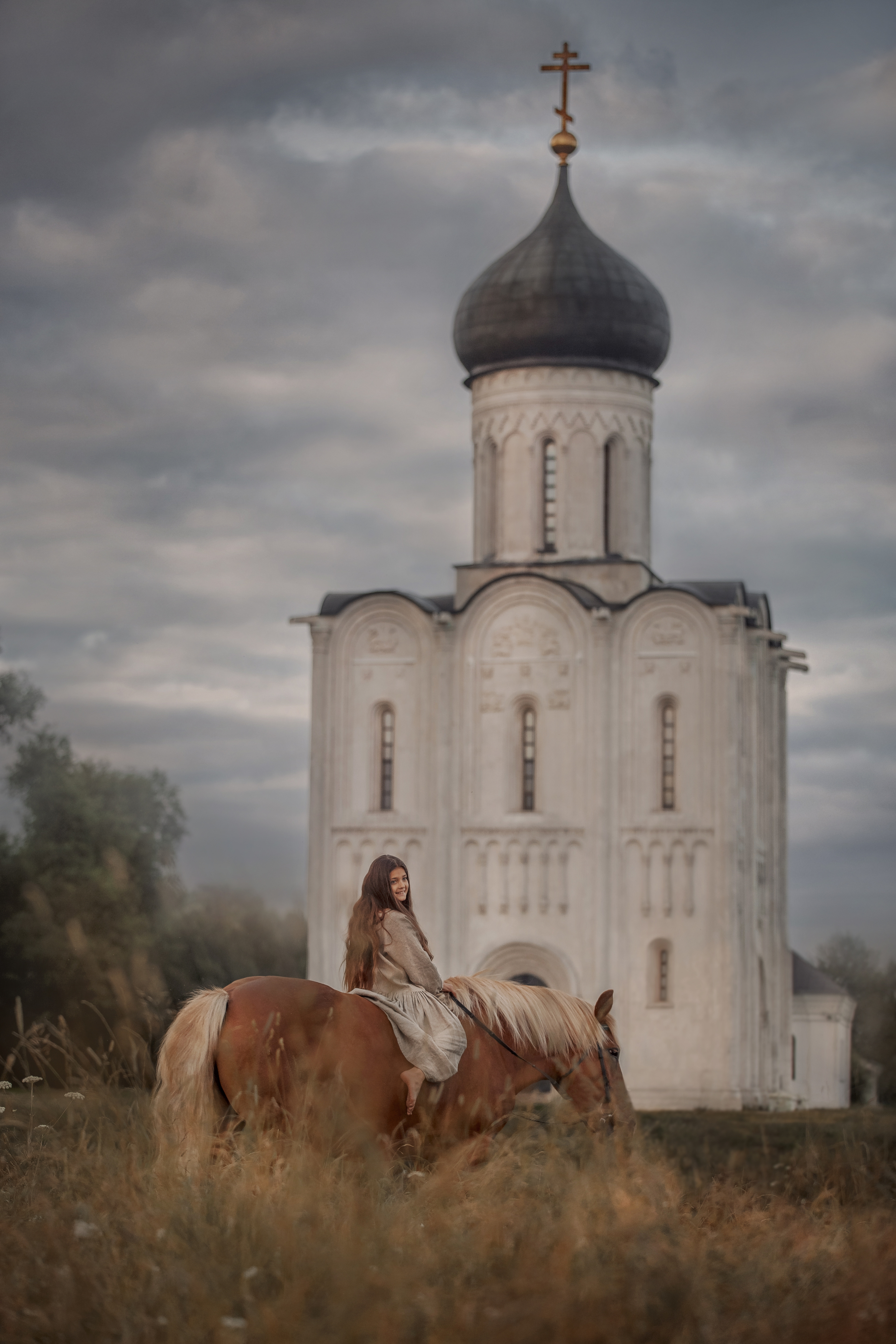 церковь покрова на Нерли,лошадь, храм, Боголюбово, девочка, деревенский, Онучина Юлия