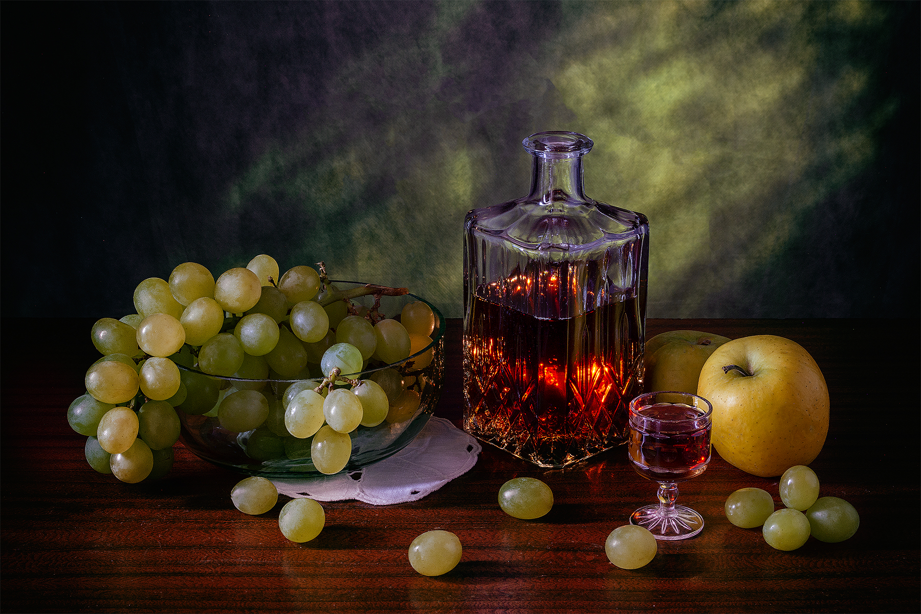 виноград, яблоки, бутылка, рюмка, вино, Баг Алексей