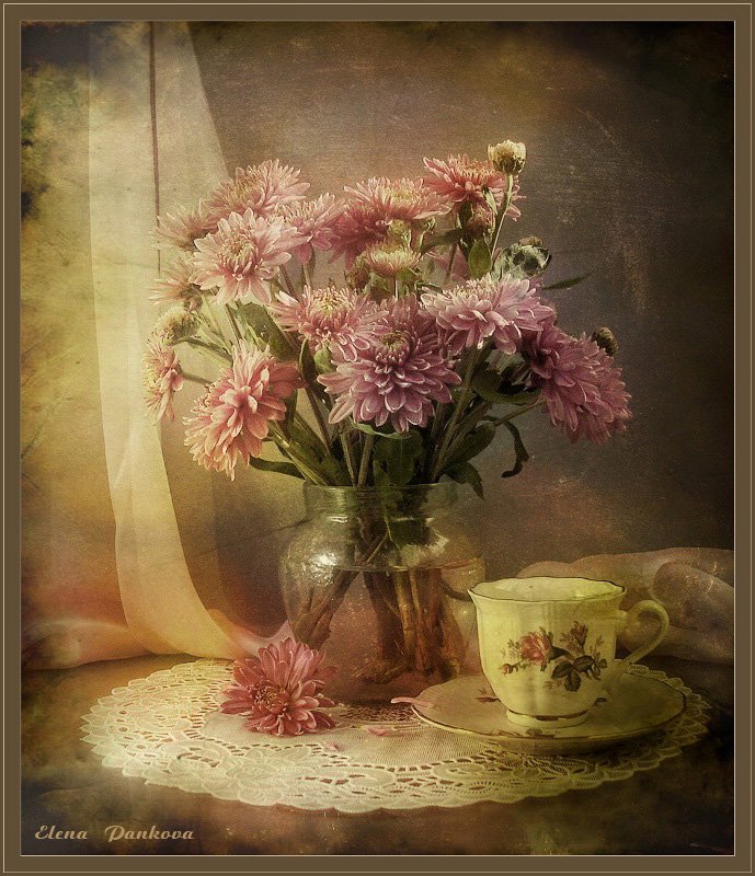 хризантемы, чашка, кофе, ретро, Elena Pankova