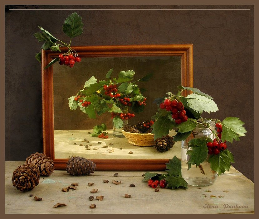 натюрморт, кедр, шишки, листья, боярышник, картина, Elena Pankova