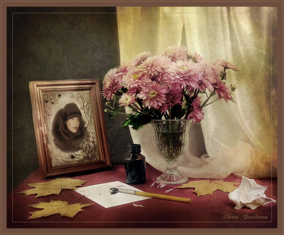 хризантемы, клен, листья, осень, перо, портрет, ретро, Elena Pankova
