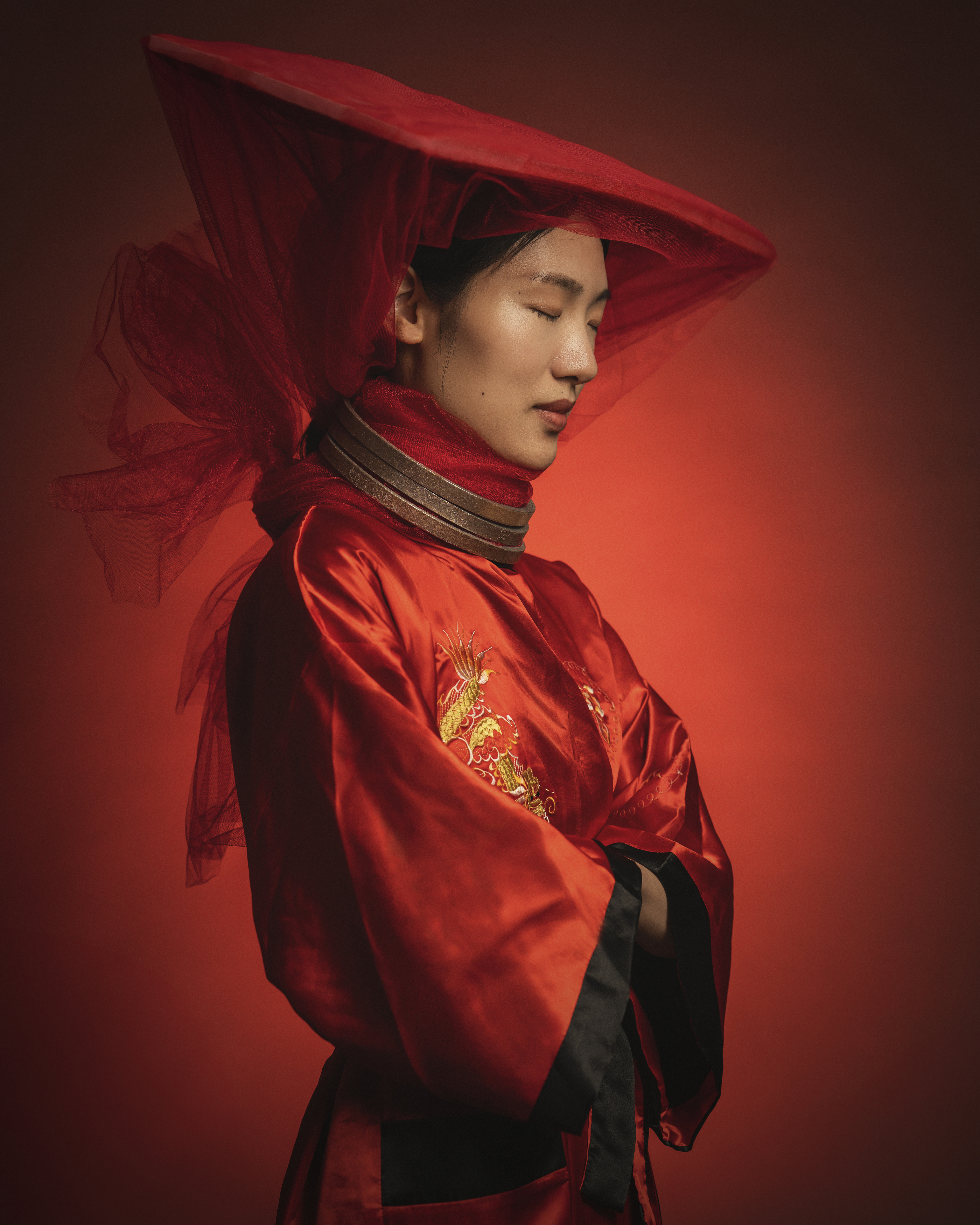 beautiful woman, beauty, chinese girl, dream, dress, elegance, fashion, female, femininity, hat, individuality, indoors, lifestyles, light, one person, portrait, pose, shadow, side view, standing, studio shot, traditional clothing, young woman, Alex Tsarfin