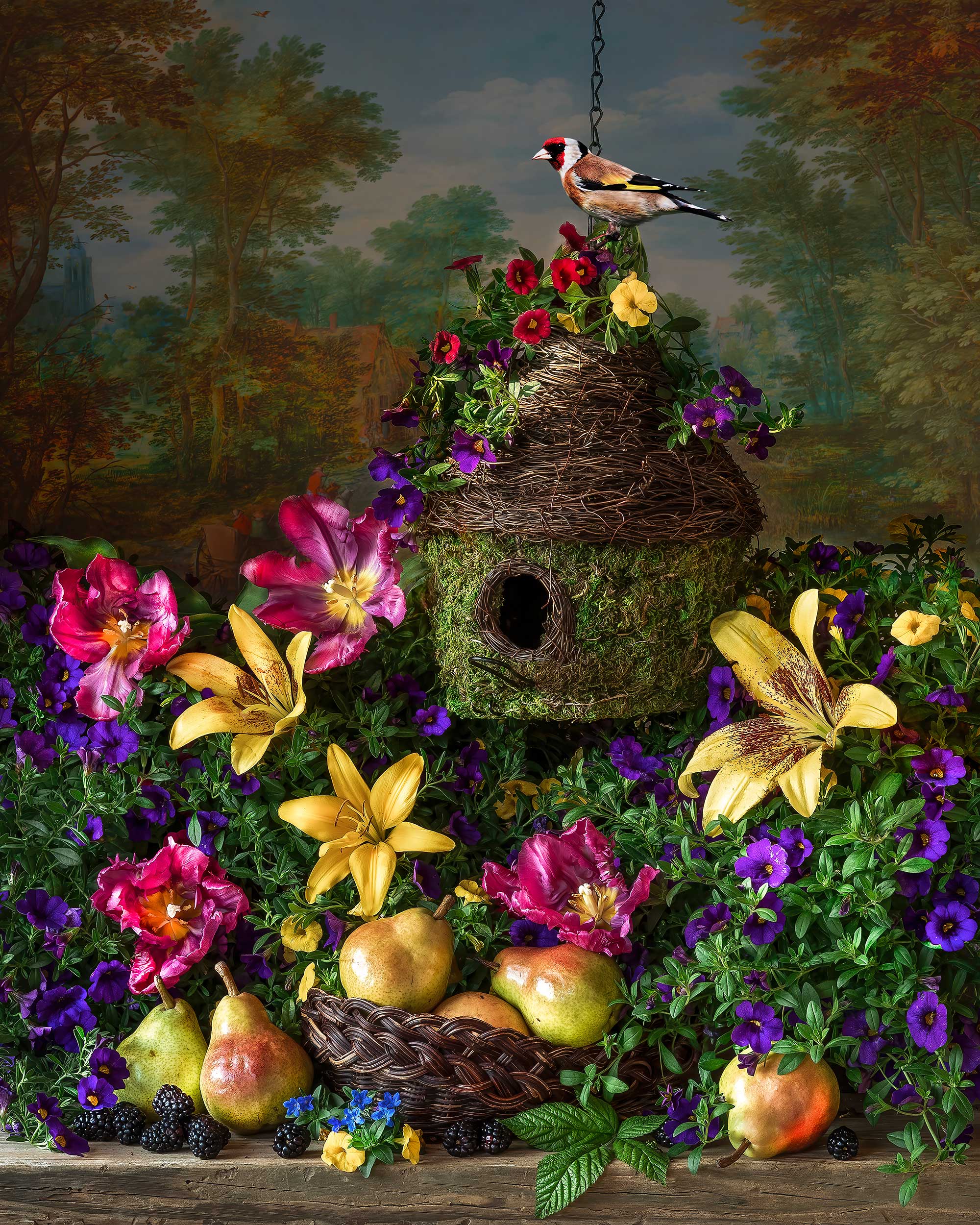 gold finch, lilies, birds, botanical art, still life photography, bird feeder, spring flowers, pears, Слуцкая Яна