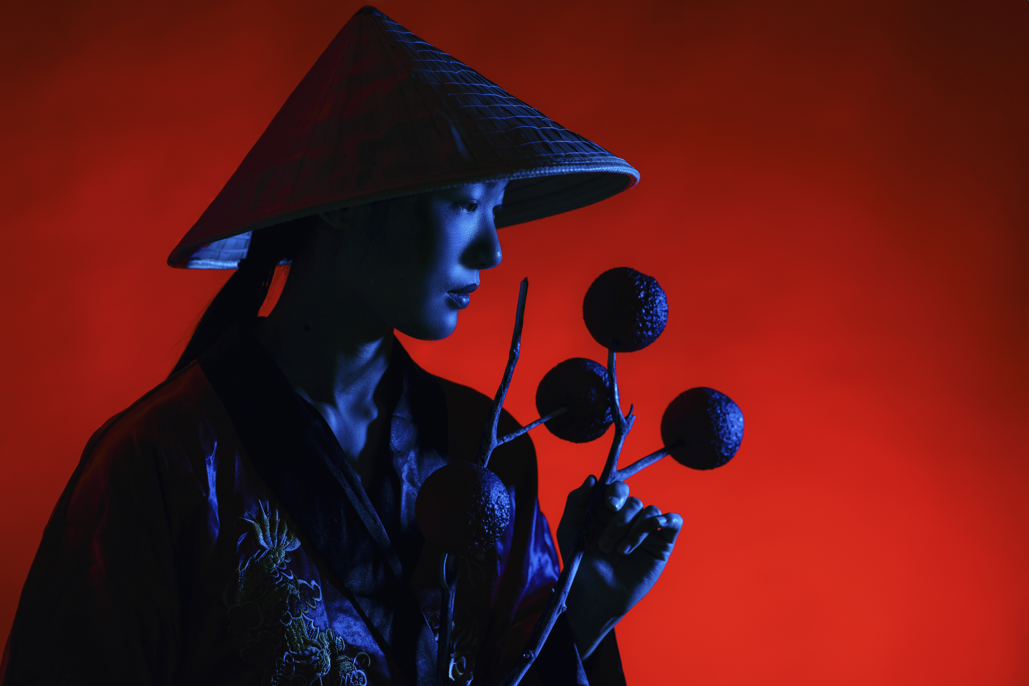 art, beauty, blue, chinese girl, close-up, creative, dreaminess, elegance, fashion, femininity, hat, indoors, lifestyles, light, looking, one person, portrait, pose, sadness, shadow, side view, standing, studio shot, traditional clothing, young woman, Alex Tsarfin