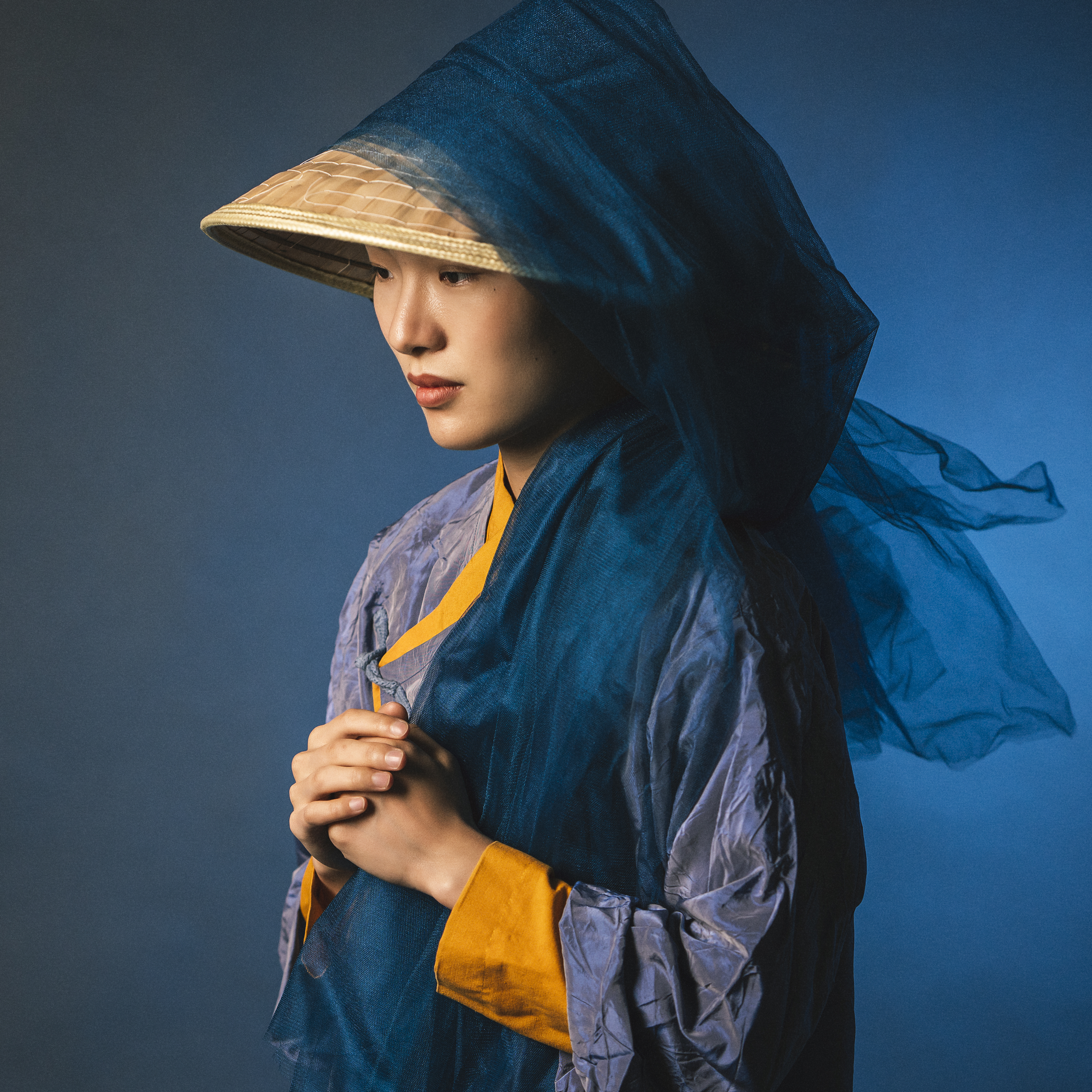 attractive, beauty, chinese girl, dreaminess, dress, elegance, fashion, female, femininity, hat, human face, individuality, lifestyles, light, looking, one person, portrait, pose, shadow, side view, standing, studio shot, traditional clothing, young woman, Alex Tsarfin