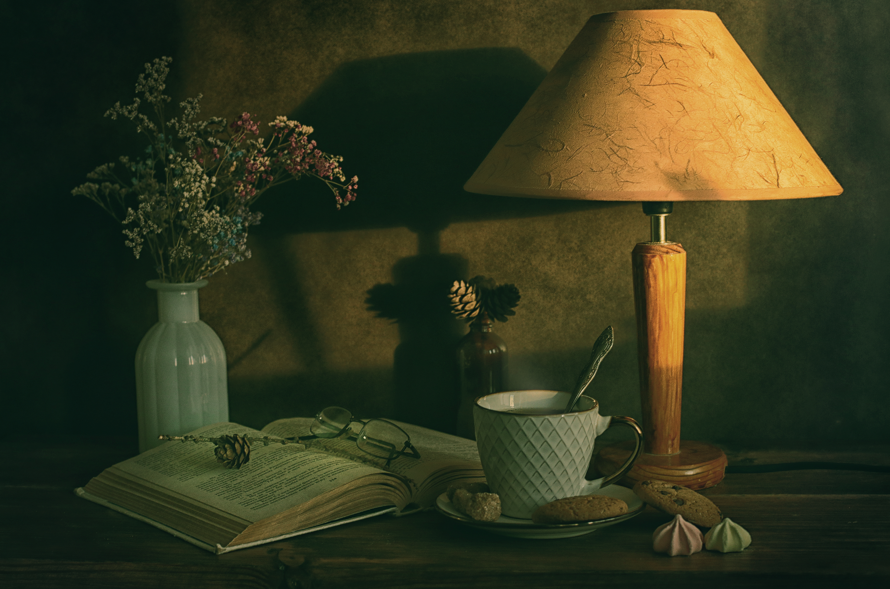 книга, чтение, чашка, чай, лампа, натюрморт, очки, печение, Стасов Виталий