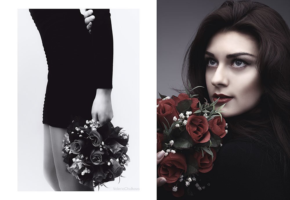 Beauty, Black and white, Collage, Fashion, Flower, Girl, Glamour, Hair, Makeup, Studio, Валерия Улитина