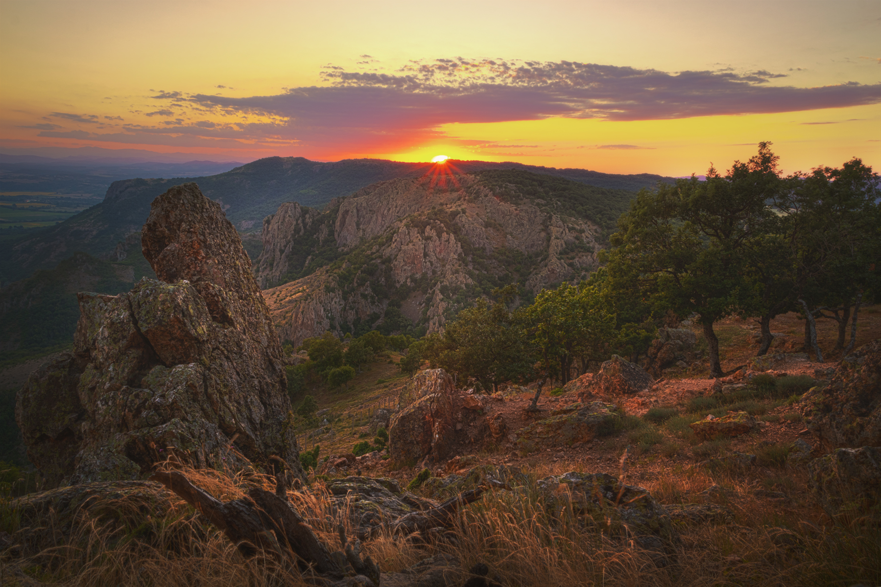landscape, sunset, Rhodopes, Bulgaria, mountain, sun, rocks, trees, soft colors, Vania Tonova