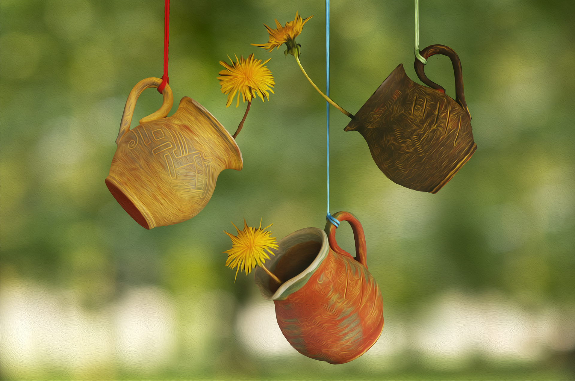 bokeh, color, colors, concept, conceptual, dandelion, digital, digital art, editing, flower, green, nature, photography, pottery jar, still life, taraxacum,, Dr Didi Baev