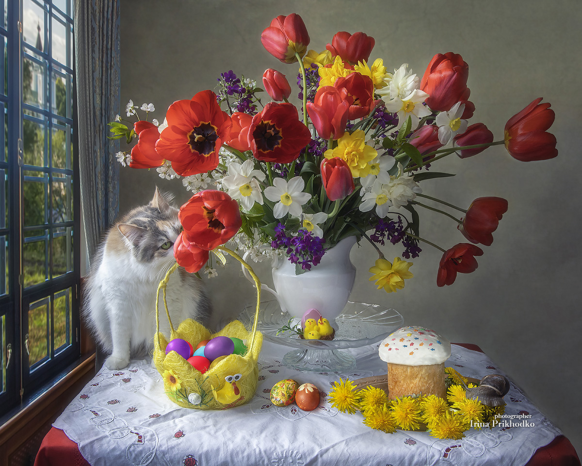 натюрморт, праздник, весна, цветы, букеты, кошка, угощение, Пасха, Приходько Ирина