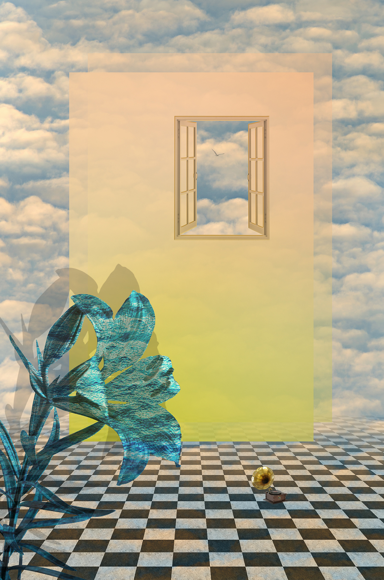 blue, cloud, clouds, collage, color, colors, concept, conceptual, digital, digital art, editing, flower, gramophone, photo collage, photography, sky, surreal, surrealism, window,, Dr Didi Baev