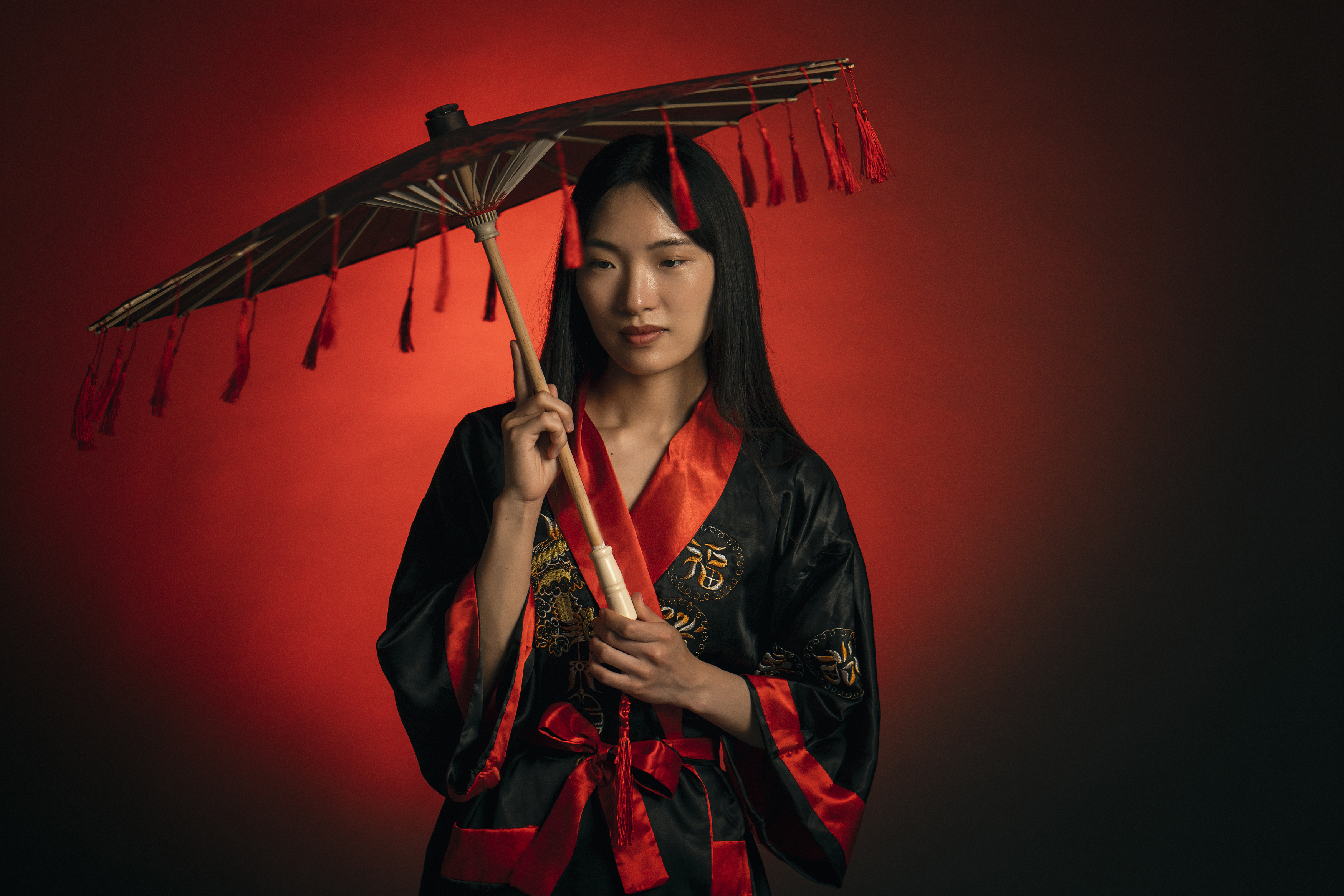 beauty, chinese girl, dreaminess, elegance, fashion, female, femininity, front view, headshot, human face, individuality, indoors, lifestyles, light, looking, one person, portrait, shadow, standing, studio shot, traditional clothing, umbrella, young woman, Alex Tsarfin