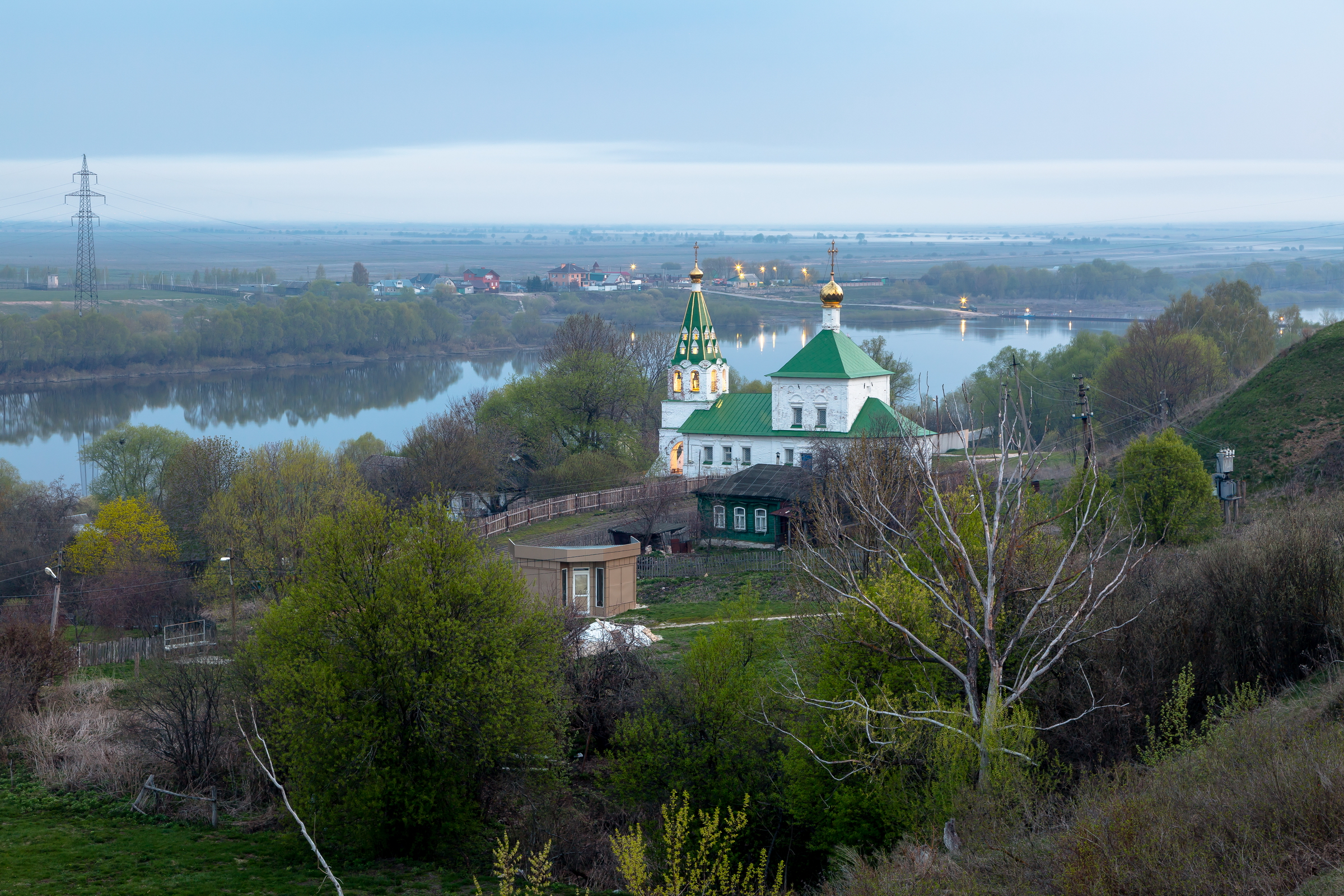 река Ока, утро, переправа, храм, утро, пейзаж, Юрий Морозов