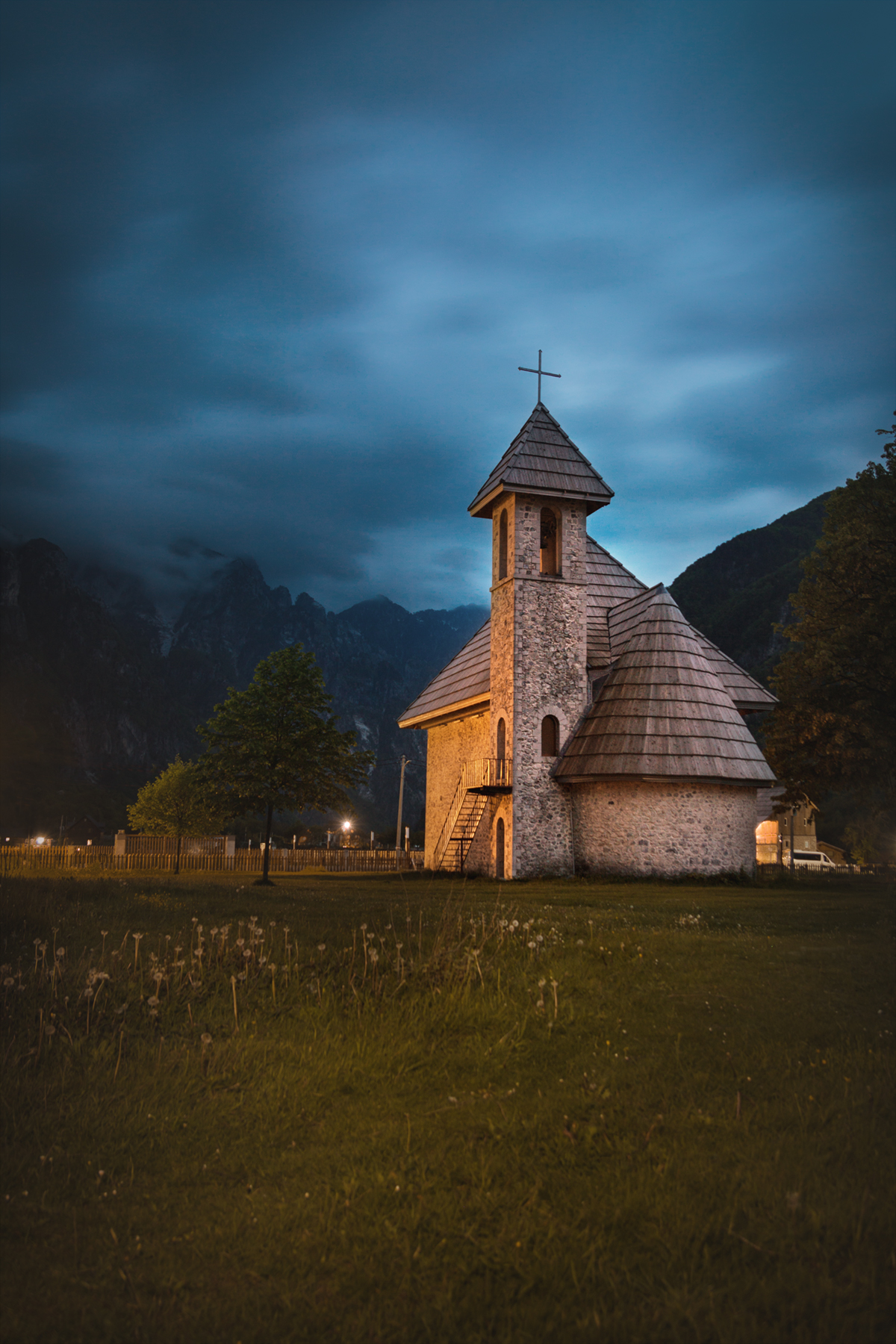 church, orthodox, Albania, Theth, Albanian Alps, travel, night, Europe, traditional, Vania Tonova