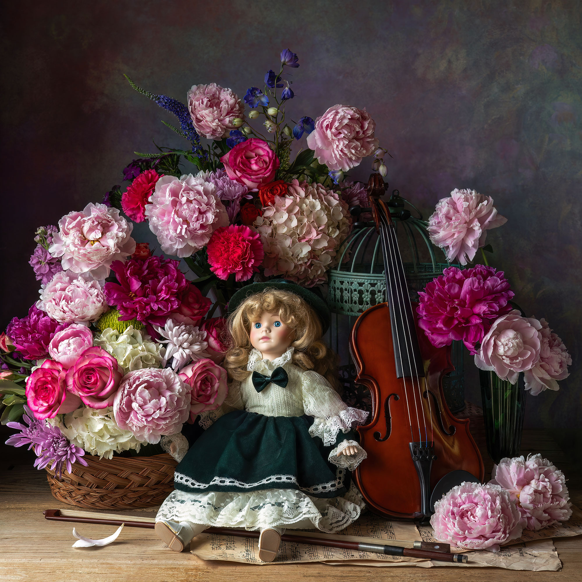 foral art, doll, vintage, violin, peonies, flowers, still life photography, Слуцкая Яна