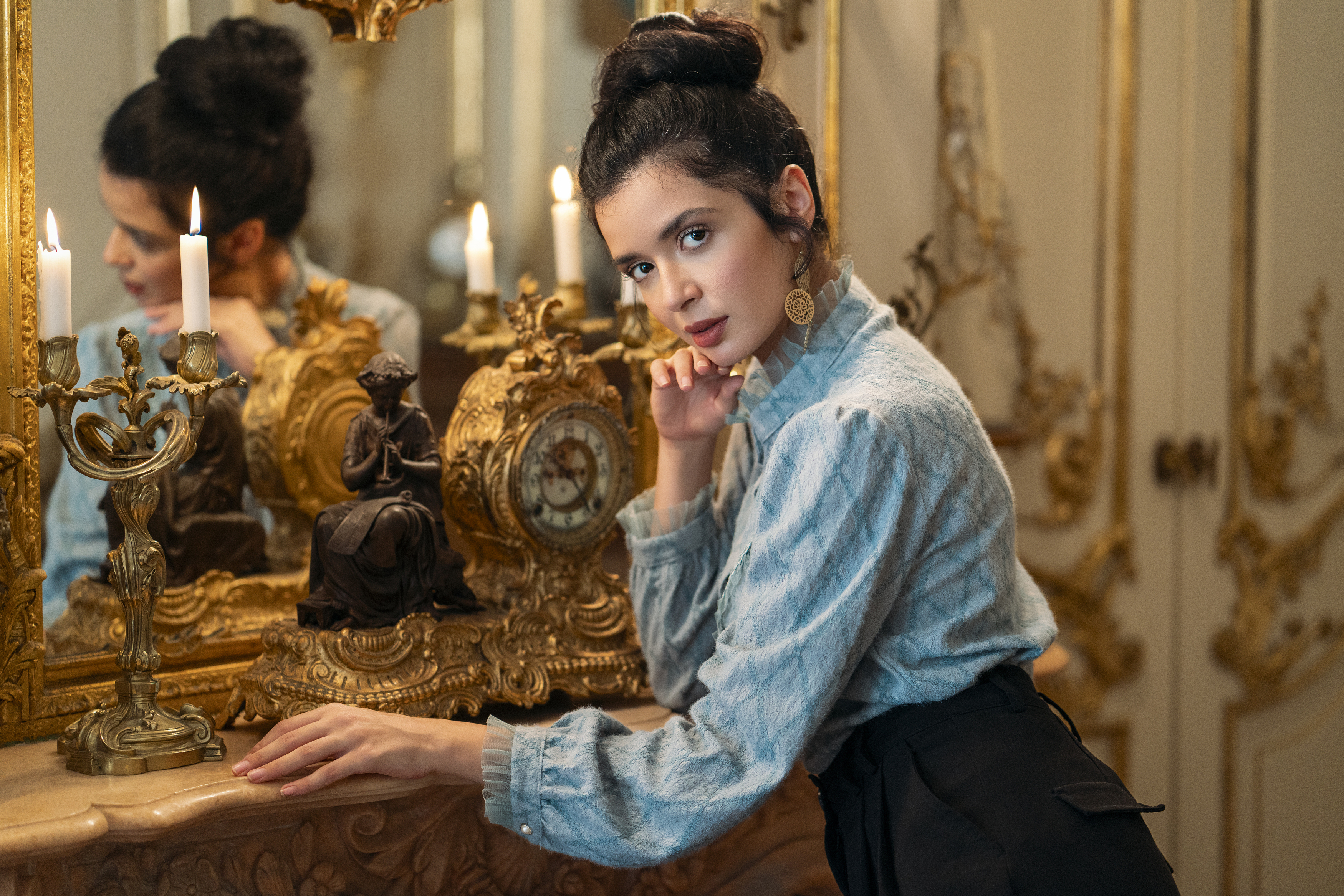 beauty, candles, chandelier, clothing, door, earrings, elegance, fashion, femininity, indoors, lifestyles, looking at camera, louis xv, mirror, one person, portrait, reflections, retro, rococo, sensuality, side view, standing, table clock, vintage, woman, Alex Tsarfin