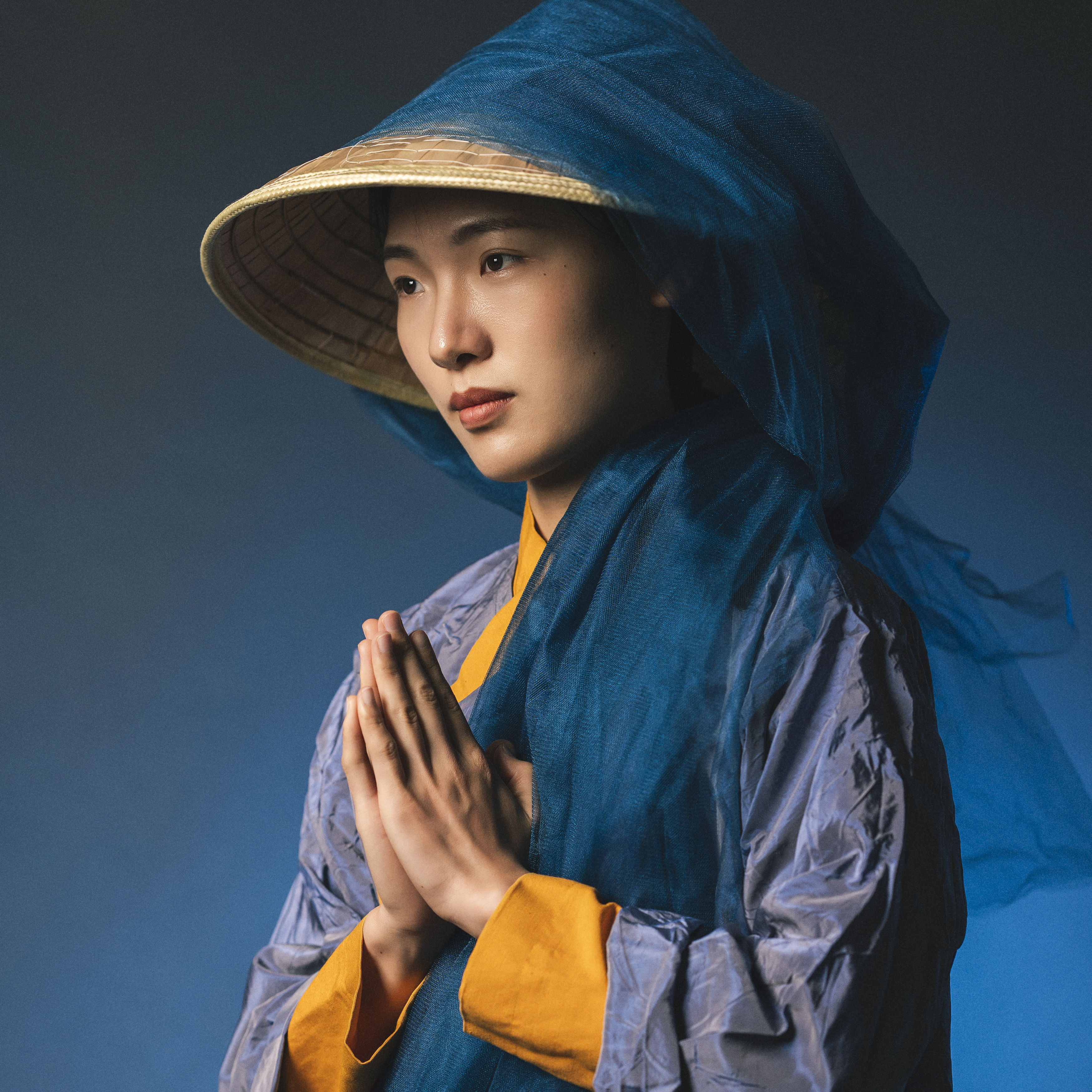 back view, beauty, chinese girl, dreaminess, elegance, fashion, femininity, hat, human face, individuality, indoors, lifestyles, looking, one person, portrait, pose, prayer, shadow, side view, standing, studio shot, traditional clothing, young woman, Alex Tsarfin