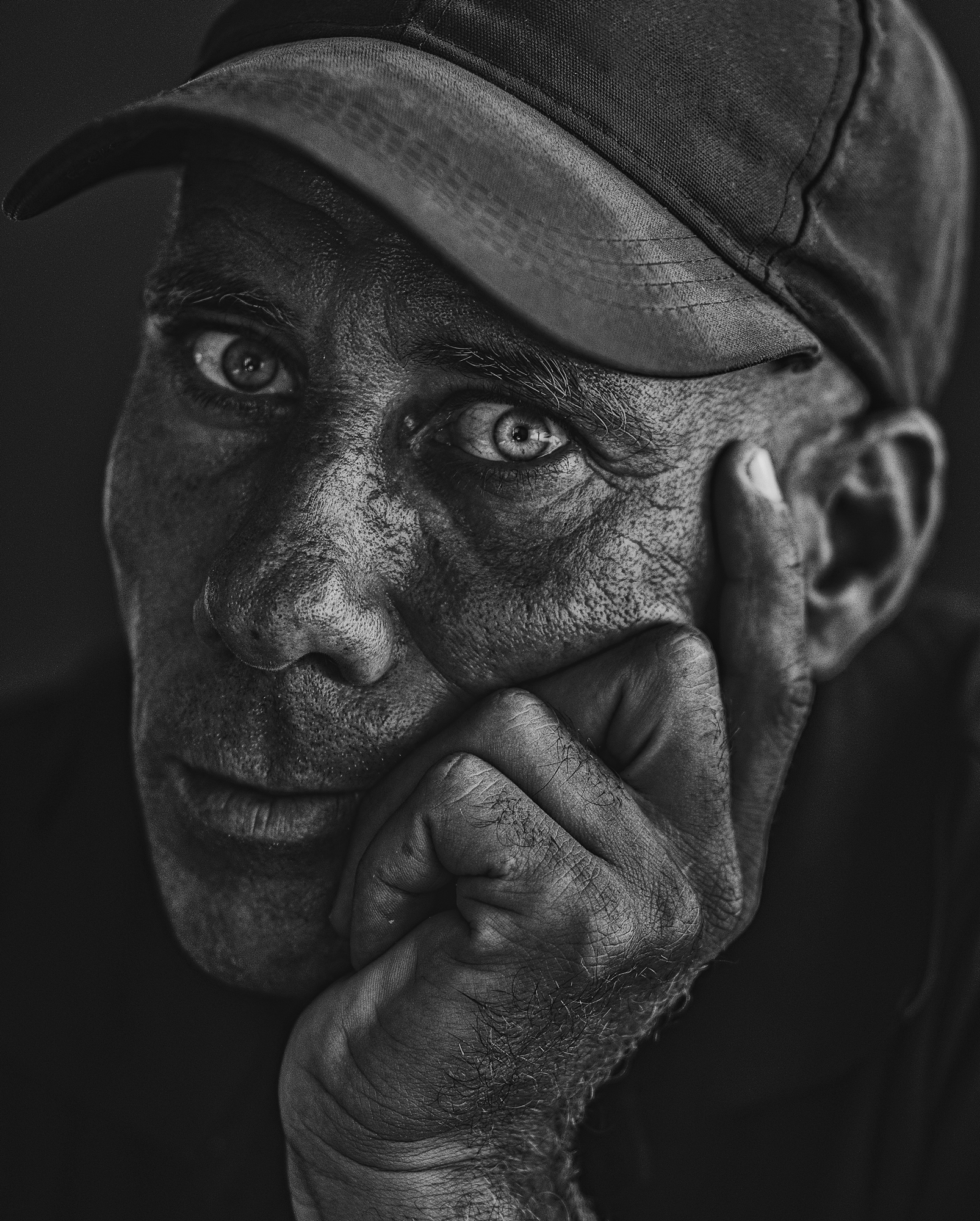 male portrait, black and white,gray shades,hands, face,daylight, Seif Koussani