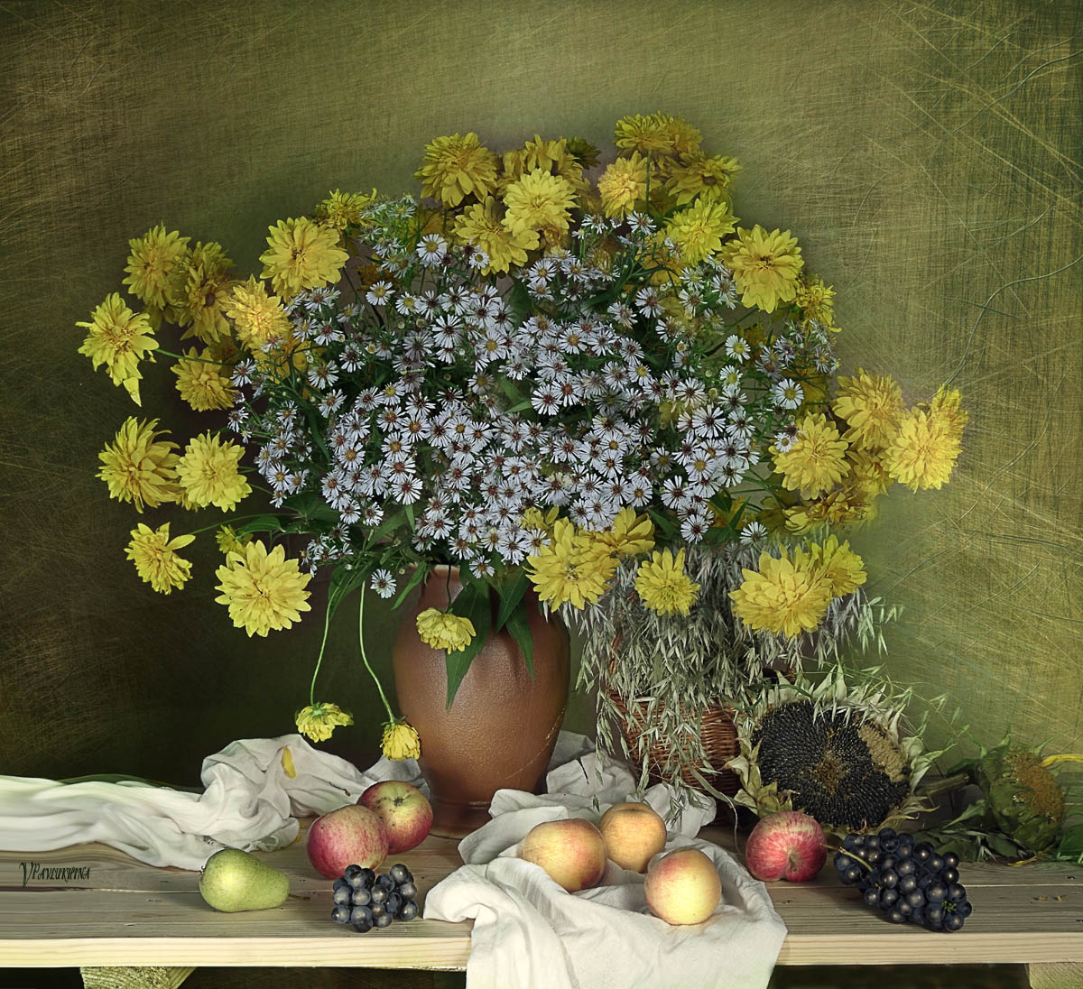 букет с цветами, груши, натюрморт, персики, подсолнухи, фрукты, цветы, яблоки, Вера Павлухина