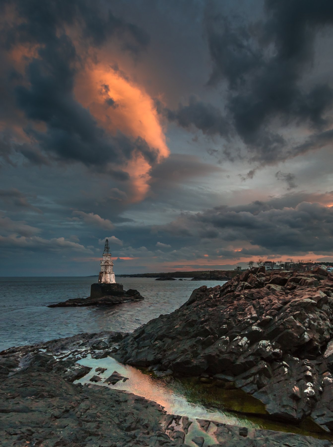 sunset,lighthouse, rocks, reflections, clouds, bulgaria, Jeni Madjarova