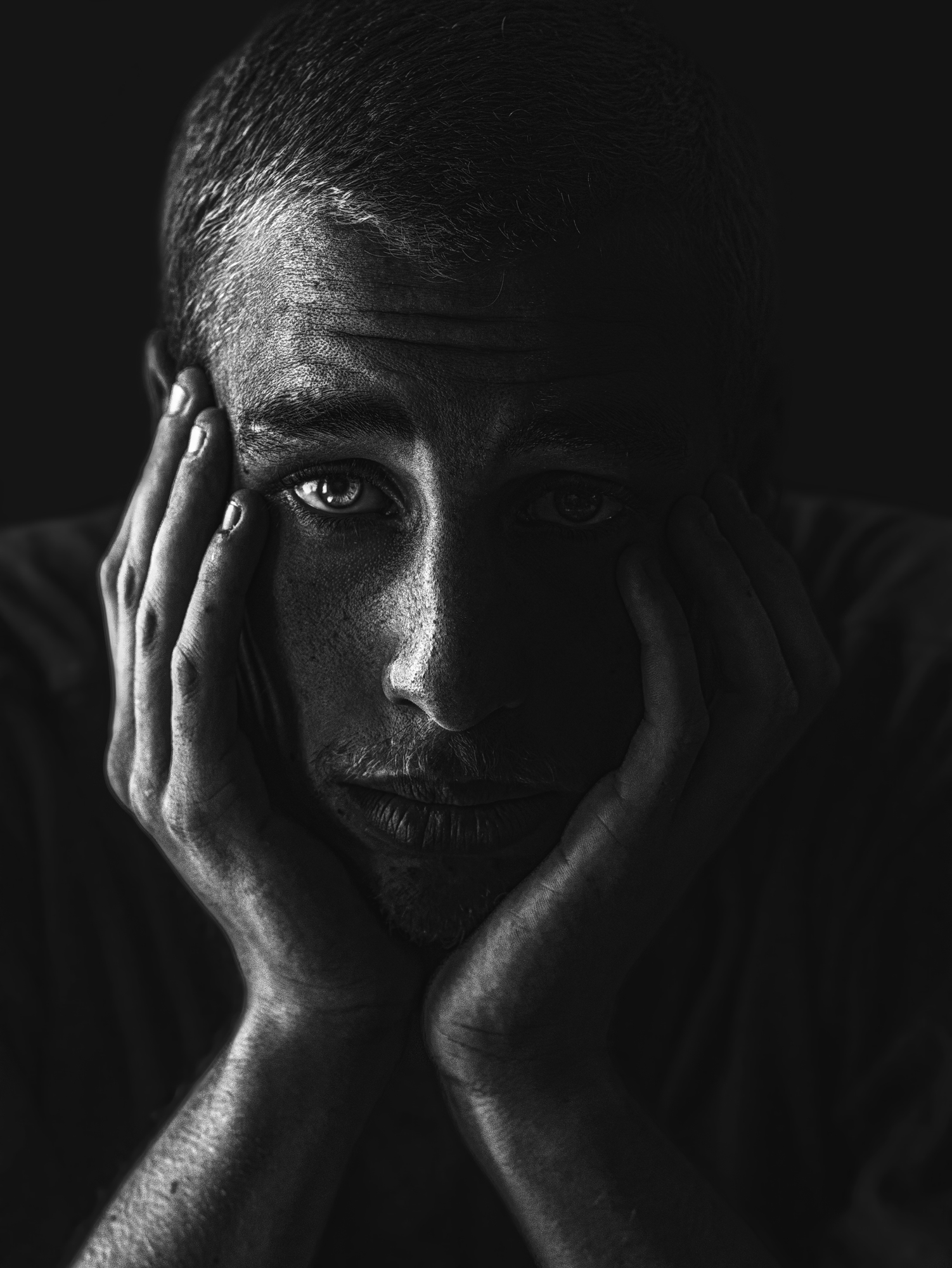 male portrait, black and white,gray shades,hands, face,daylight, Seif Koussani