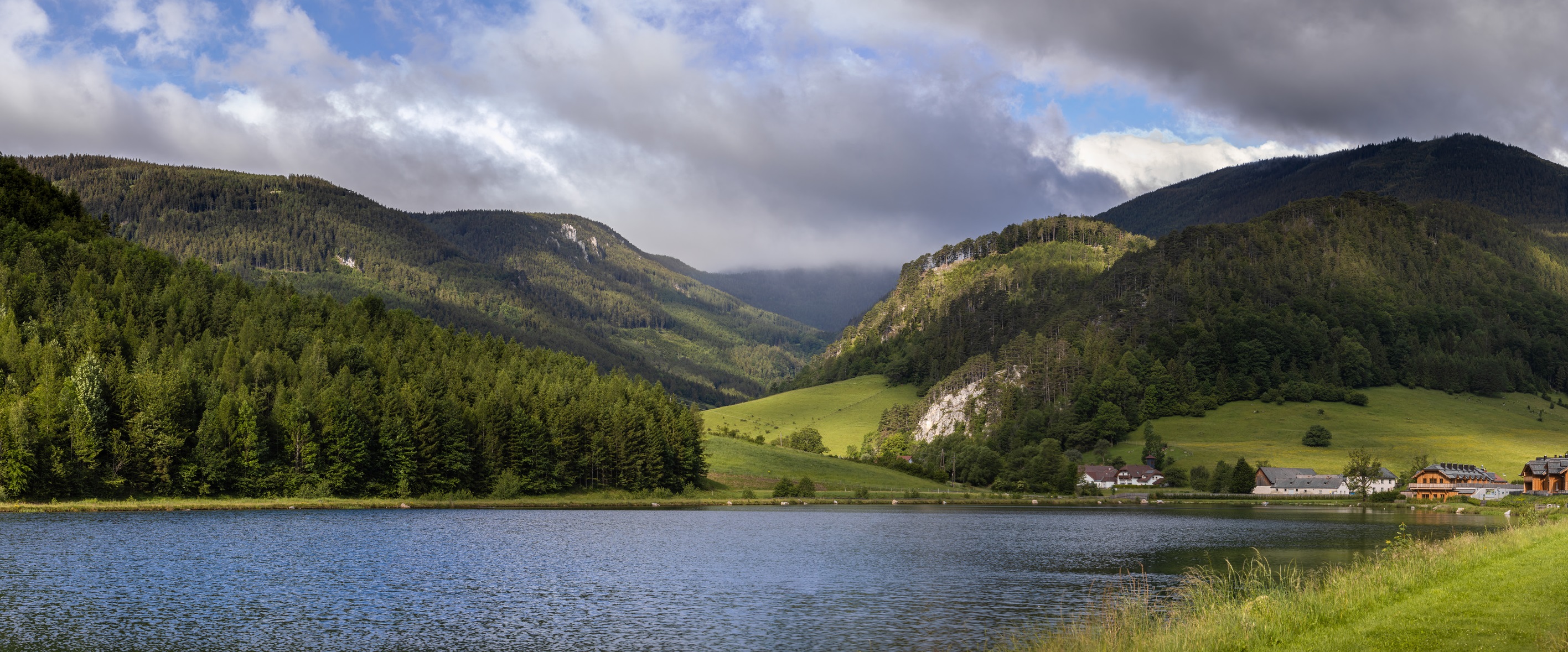 #lake #pond #mountains #alps #weather #sunlight #clouds #village, Yuri Merkulov