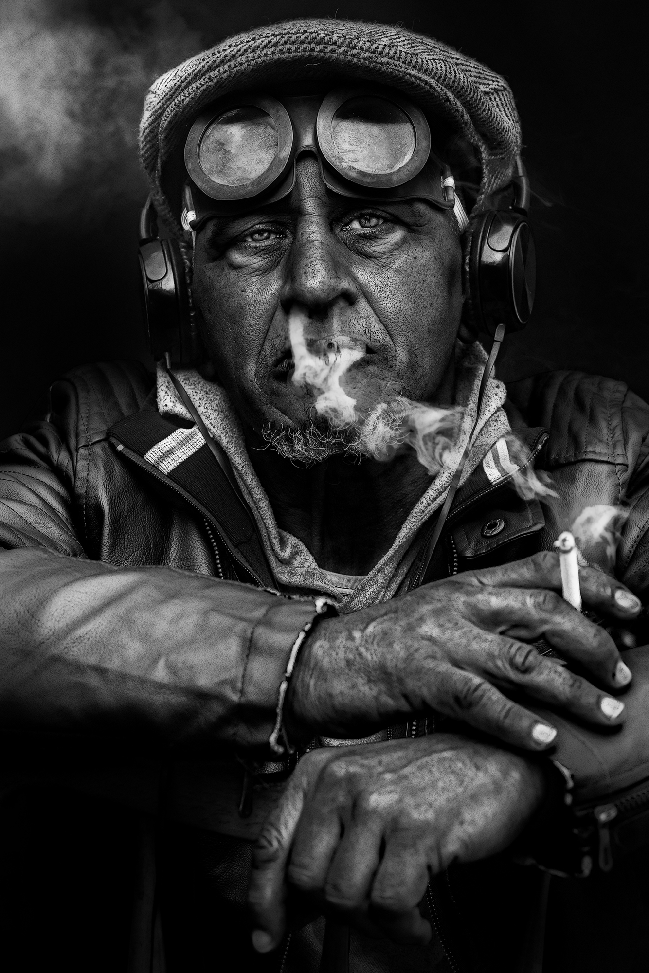 male portrait, black and white,gray shades,hands, face,daylight, cigarette, genreations, shadow, light, Seif Koussani