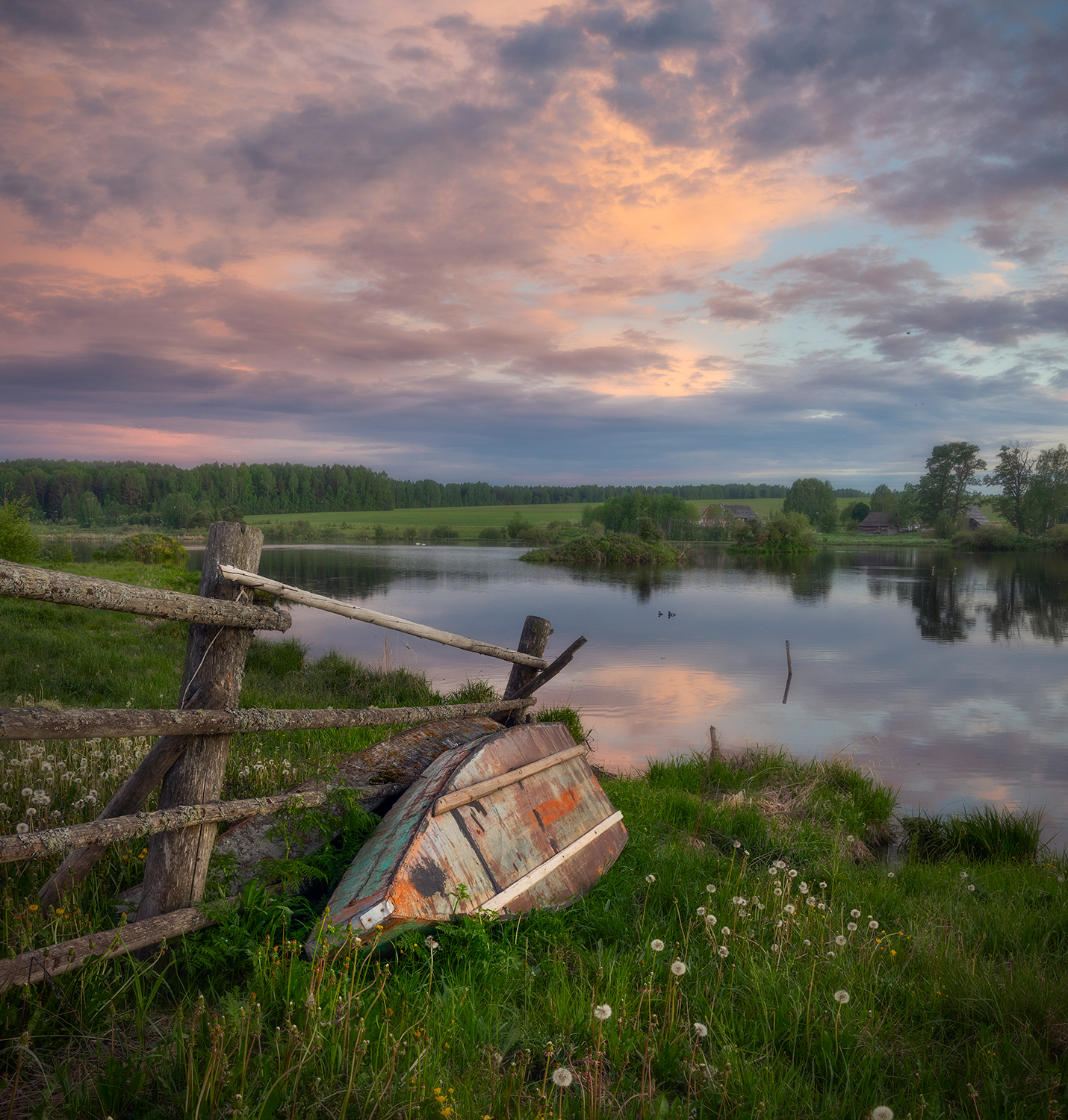 вечер село пруд закат лодка, Сергей Буторин