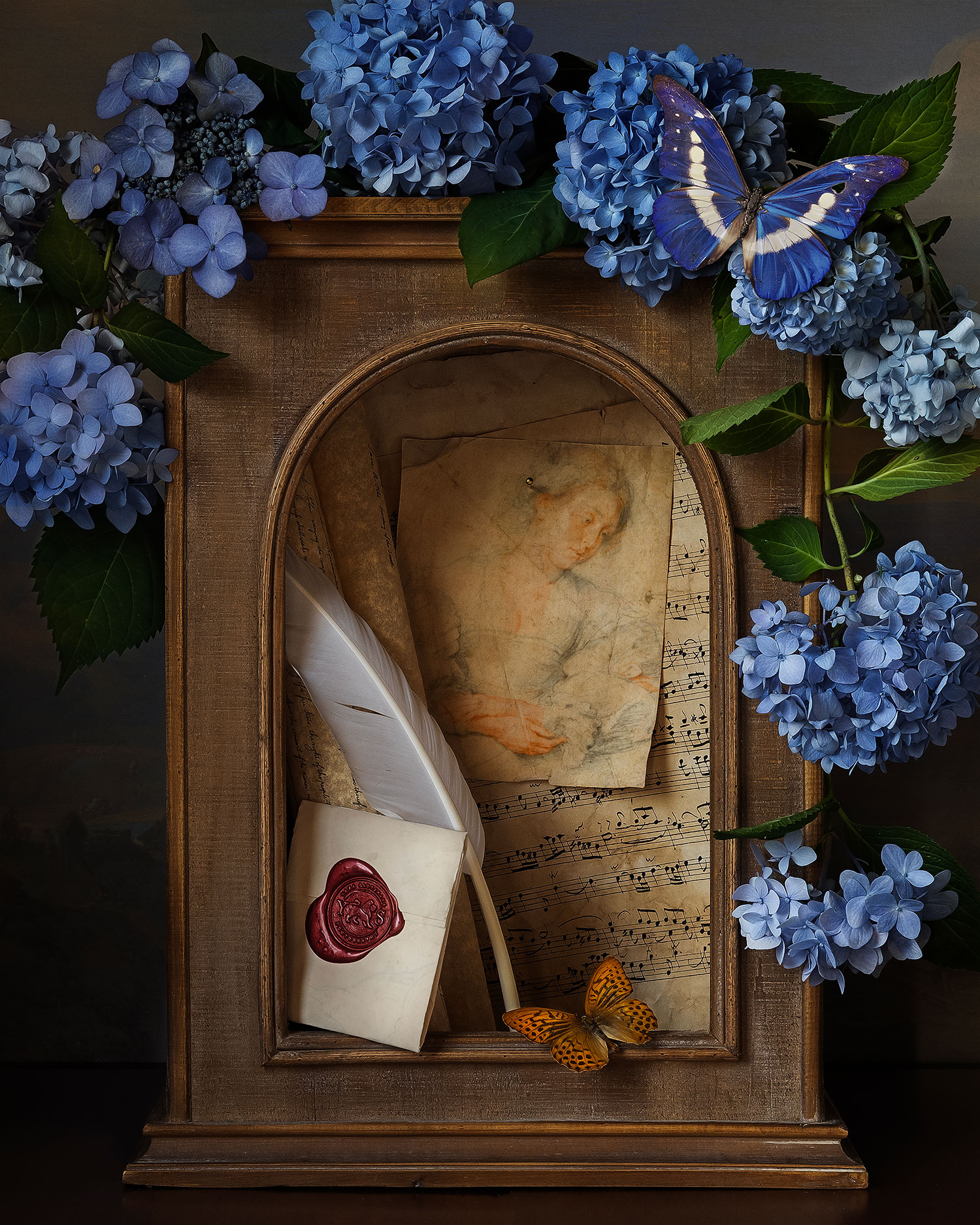 still life photography, romantic, butterfly, hydrangea, rubens, love letter, Слуцкая Яна