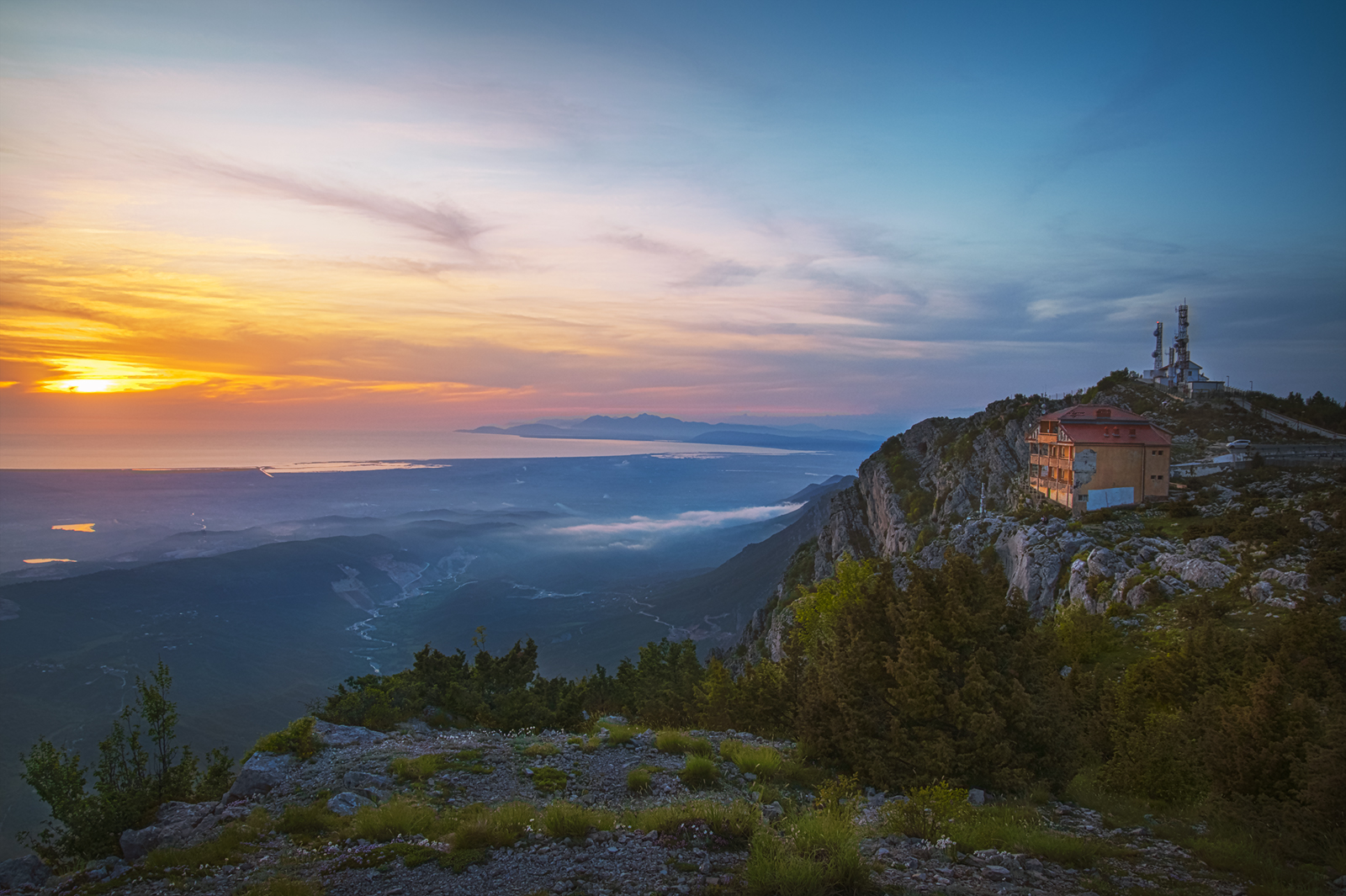 mountain, sunset, building, sun, landscape, Albania, Tirana, Dajti, National park, Vania Tonova