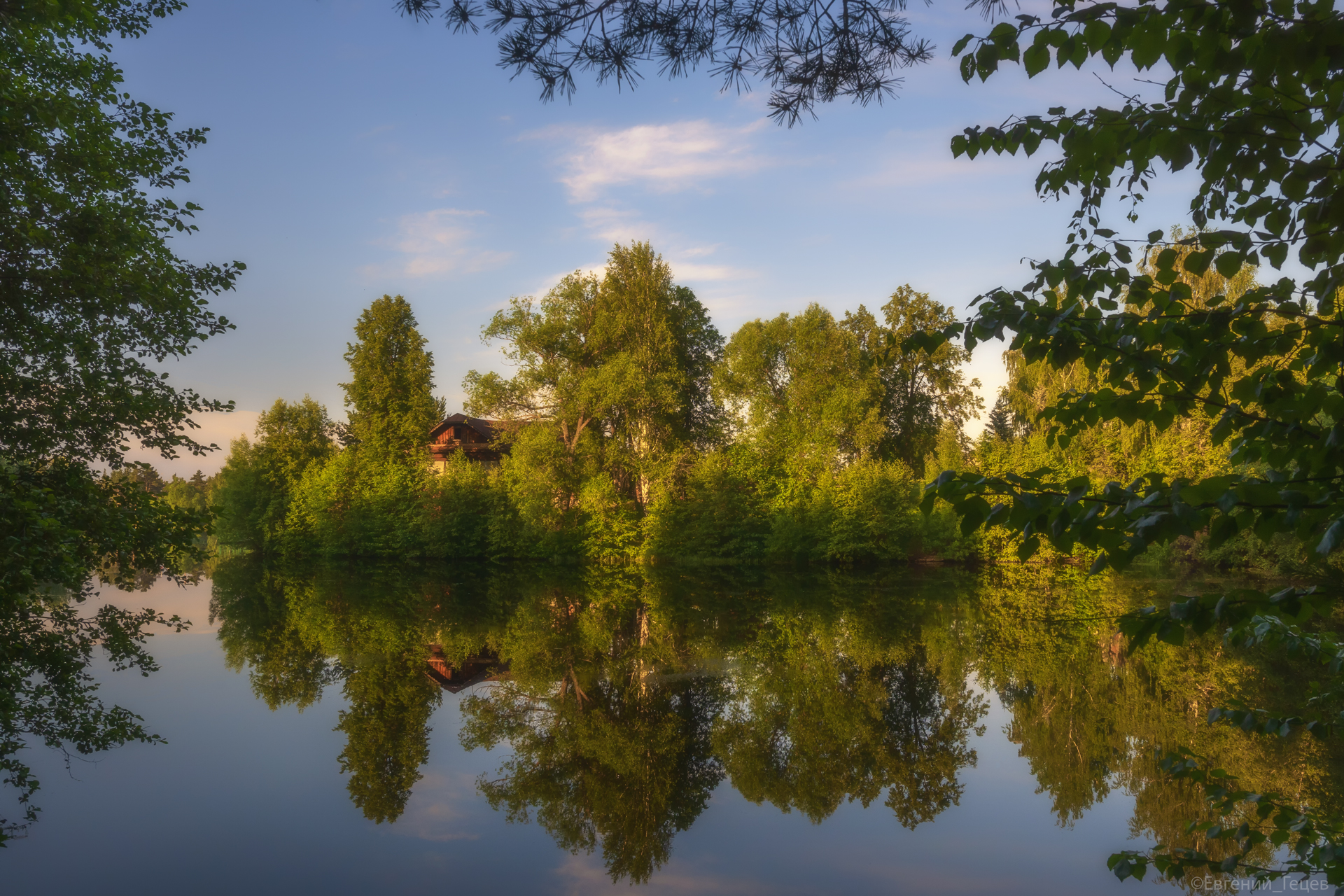 пейзаж, река, отражения, утро, дом, Евгений Гецев