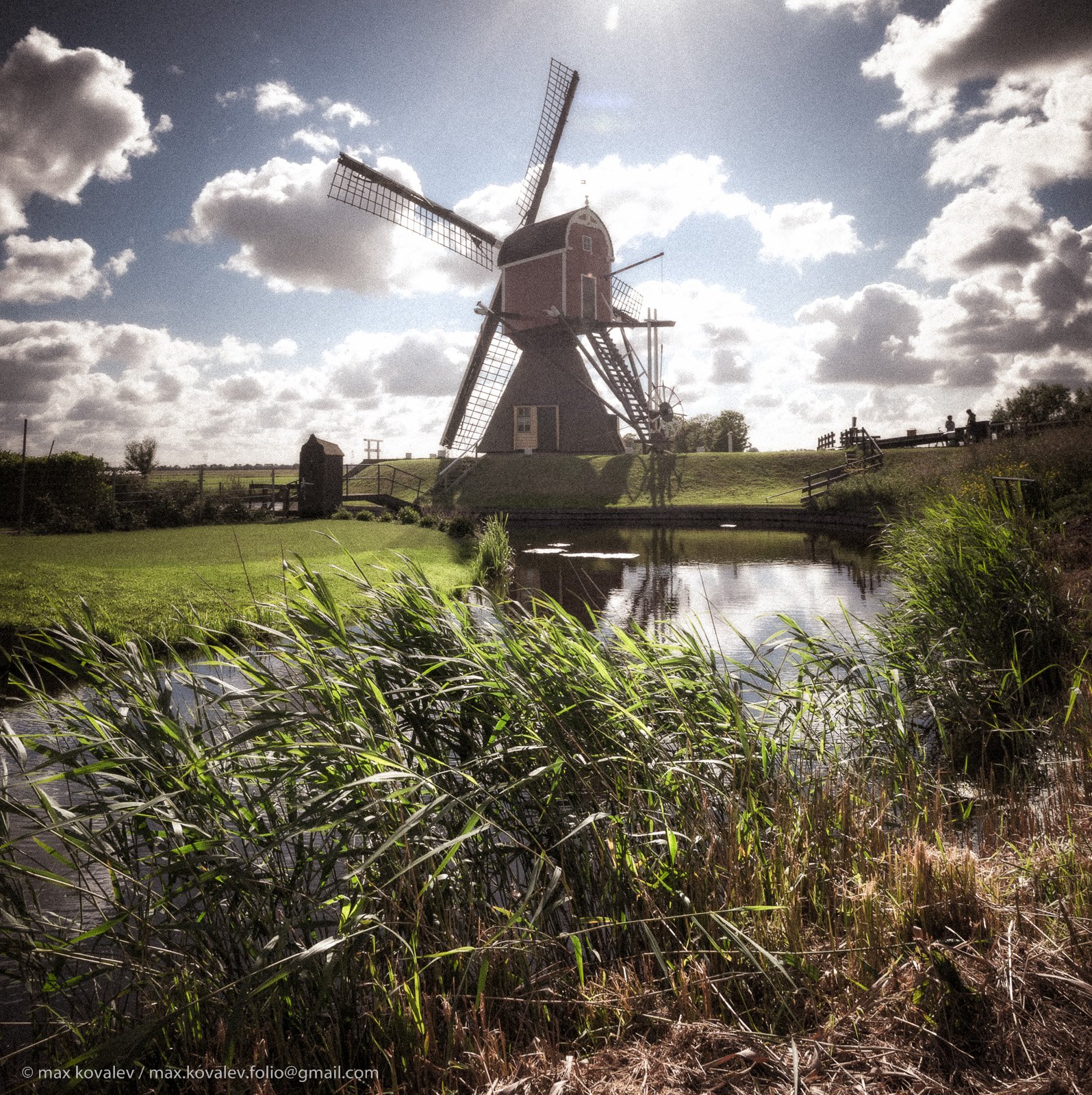 Europe, Holland, chanel, cloud, cloudy, contre-jour, field, grass, mill, panorama, sky, summer, sunny, village, Голландия, Европа, деревня, канал, контражур, лето, мельница, небо, облако, облачно, панорама, поле, солнечный, трава, Максим Ковалёв