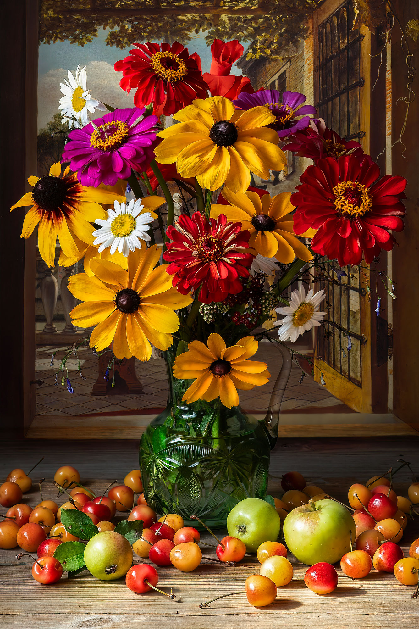 botanical art, still life photography, cherries, summer flowers, Слуцкая Яна