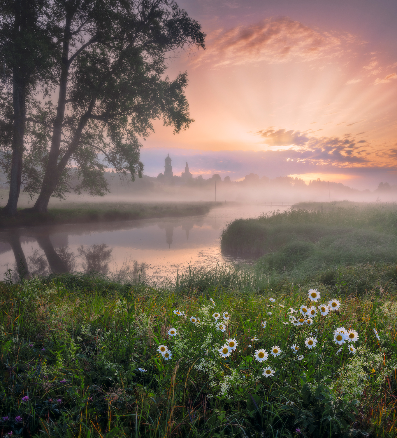 утро, рассвет, село, река, туман, солнце, Сергей Буторин