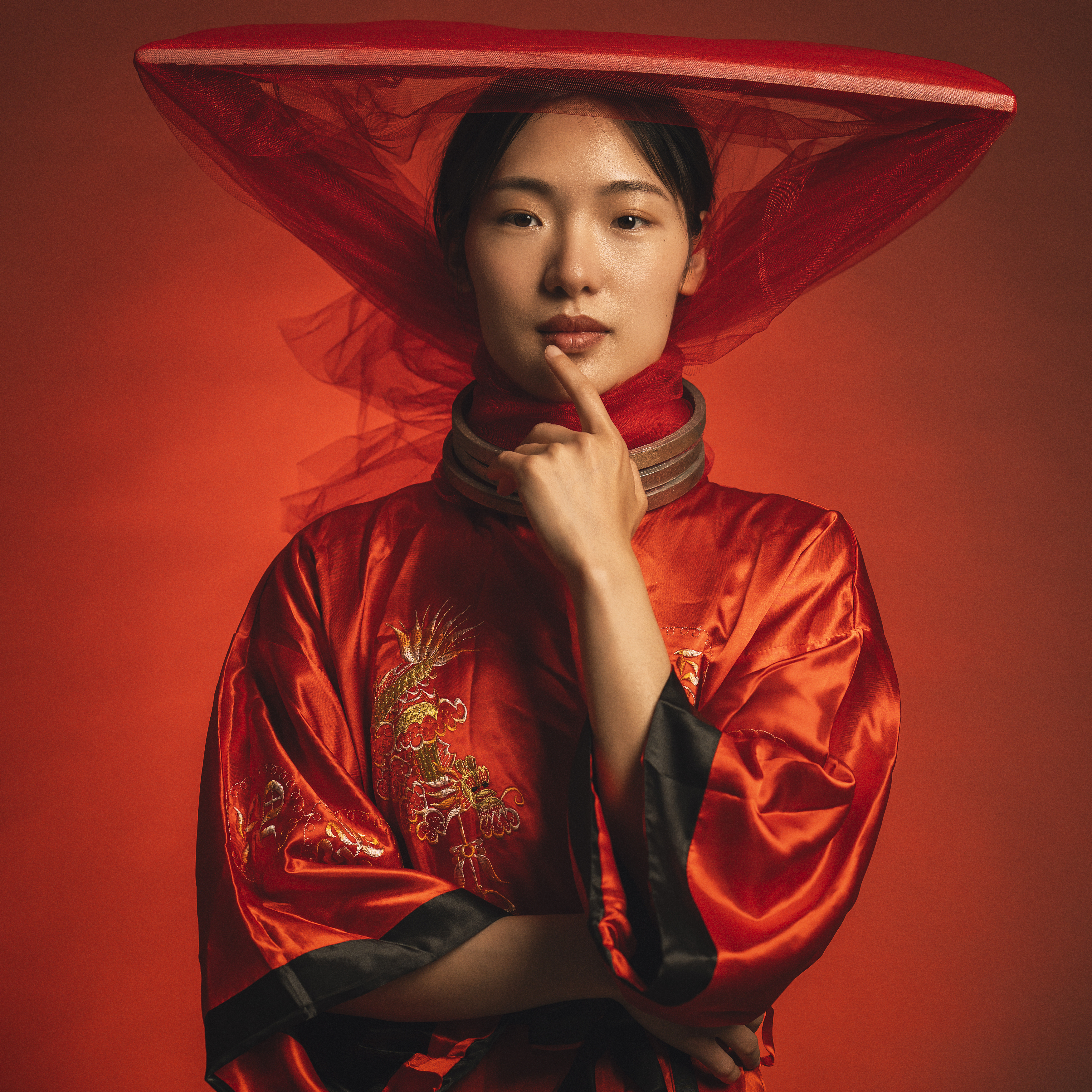 beautiful woman, beauty, chinese girl, dreaminess, dress, elegance, fashion, female, femininity, front view, hat, human face, individuality, indoors, lifestyles, looking at camera, one person, portrait, pose, studio shot, traditional clothing, young woman, Alex Tsarfin