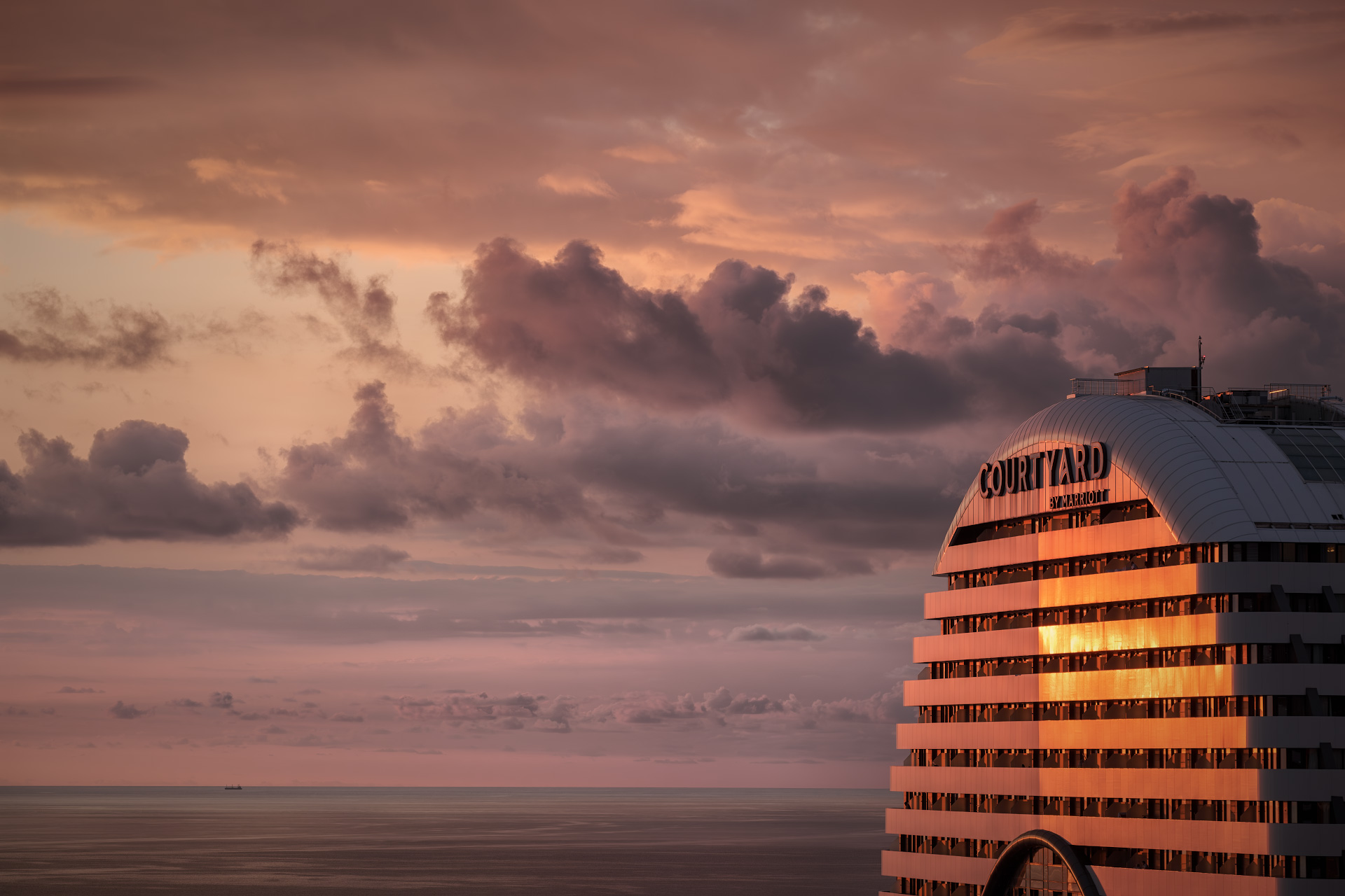 sunset, batumi, building, ship, marriott, sky, clouds, skyscraper, sea, weather, landscape, cityscape, scenery, travel, outdoors, caucasus, georgia, adjara, sakartvelo, chizh, Чиж Андрей