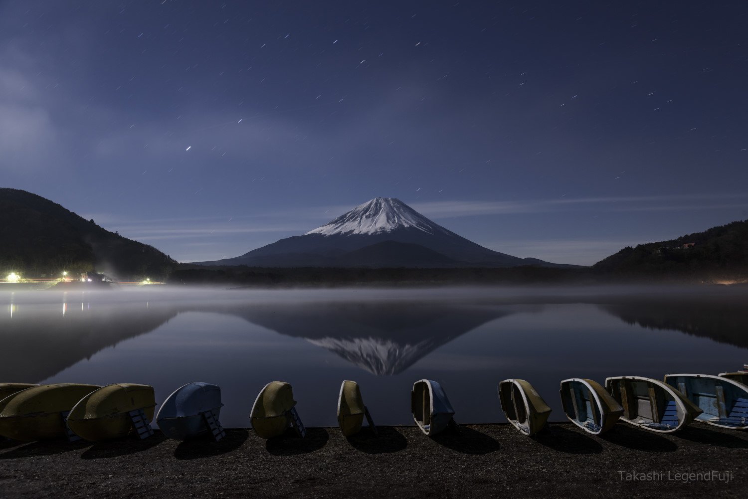 Fuji,mountain,lake,landscape,Japan,reflection,night,boat,water,star,fog,, Takashi