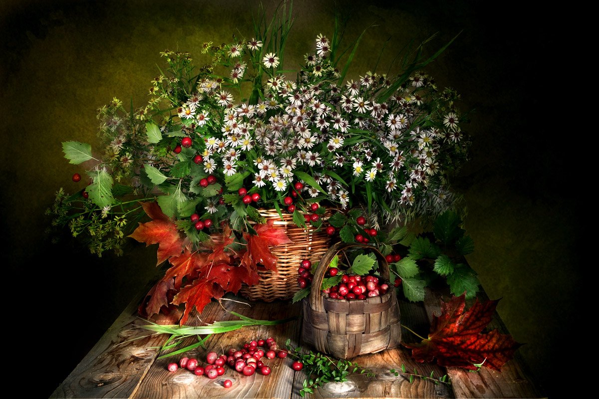 букет, клюква, ромашки, цветы, ягоды, Вера Павлухина