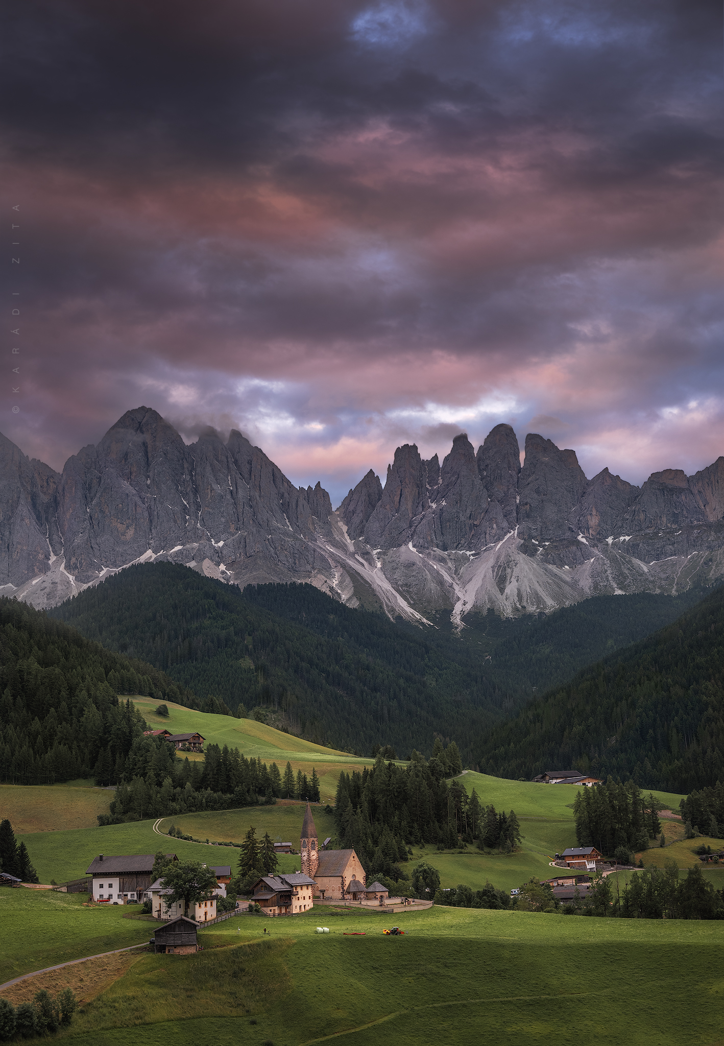 dolomiti, dolomites, sunrise, landscape, sky, sun, mountains, clouds, trees, italy, forest, church, valley,, Karádi Zita