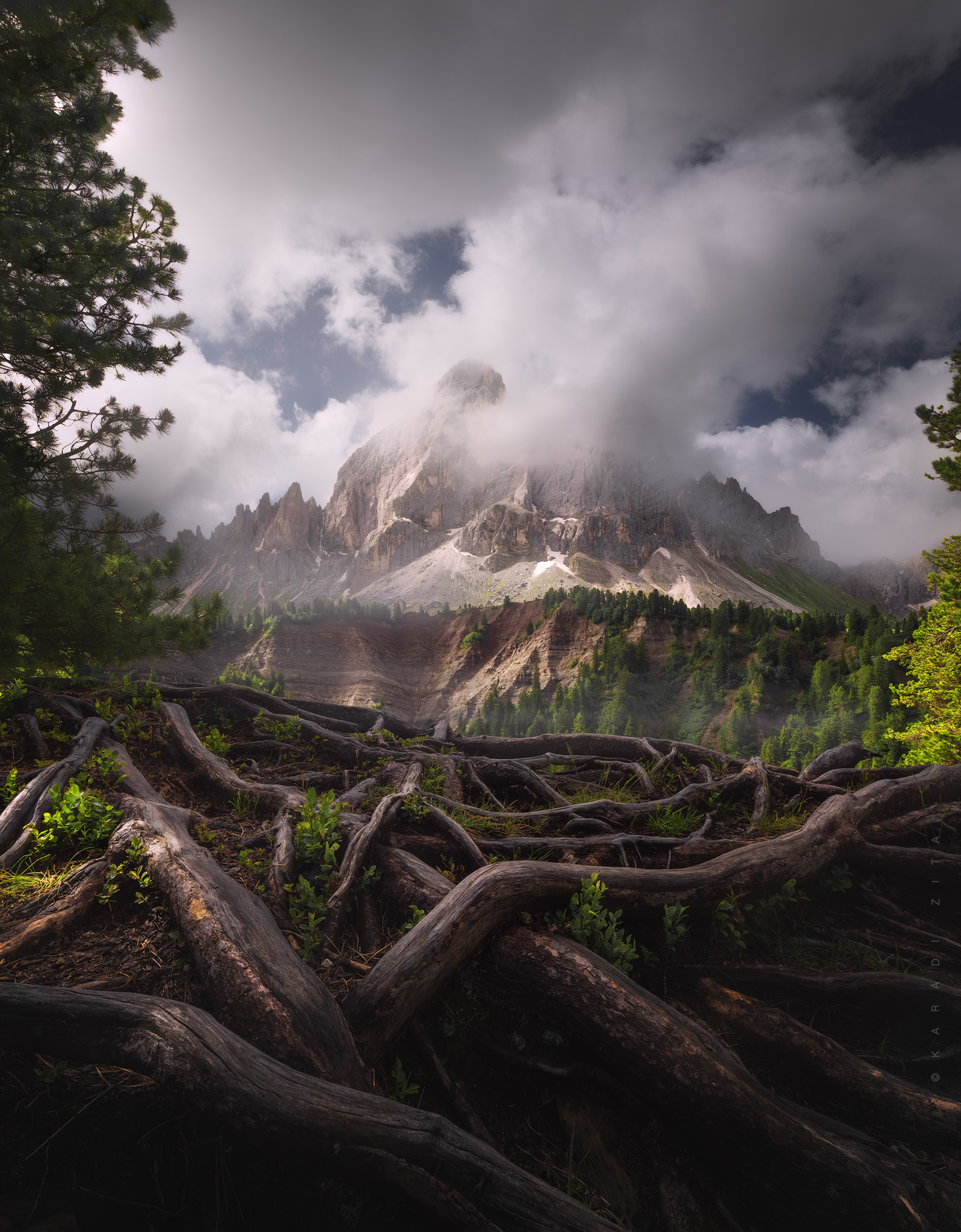 dolomites, dolomiti, mountains, mountainscape, italy, italia, roots, clouds, landscape, sky, sun, trees, tree, nature, Karádi Zita