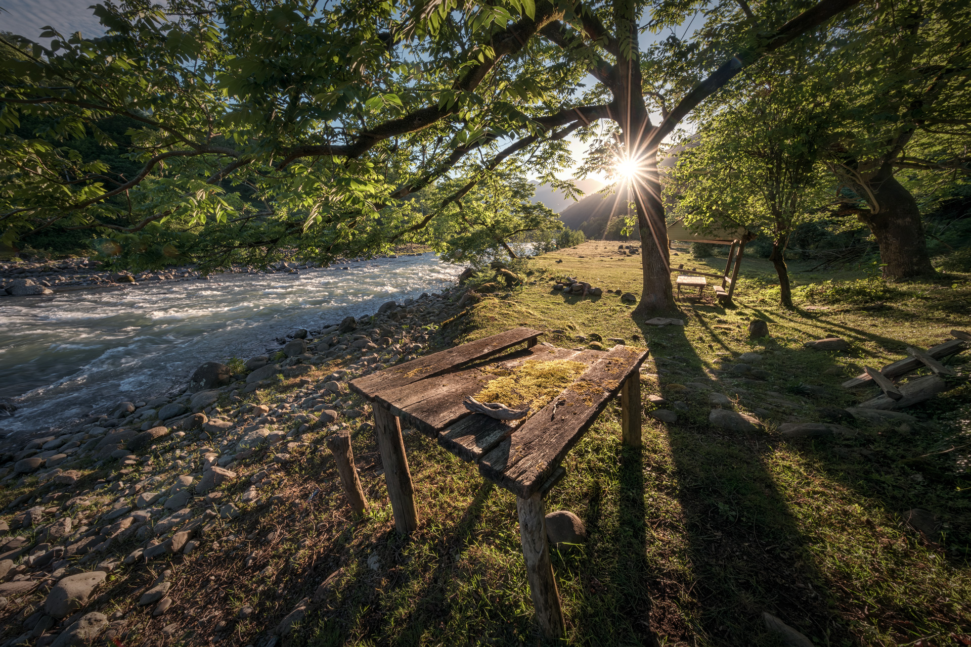 machakhlitskali, river, sun, meadow, hazel, tree, green, table, wood, pasture, water, nature, landscape, scenery, travel, outdoors, georgia, adjara, sakartvelo, chizh, Чиж Андрей