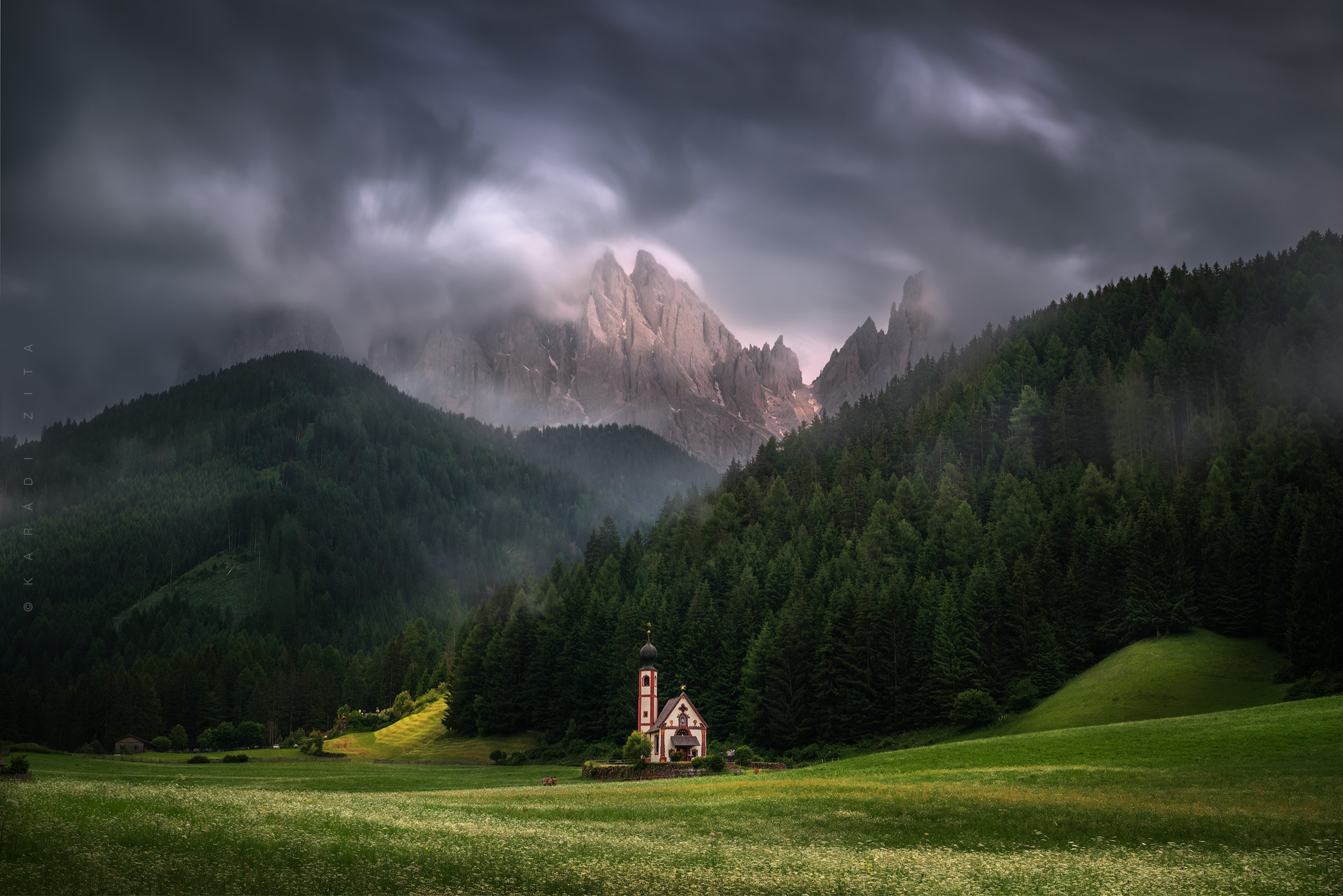 dolomiti, dolomites, sunrise, landscape, sky, sun, mountains, clouds, trees, italy, forest, church, longexpo, chapel,, Karádi Zita