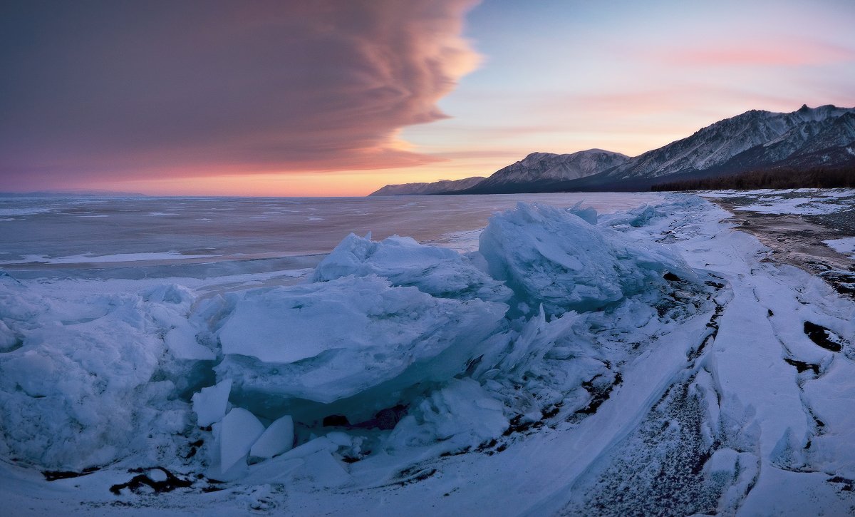 Байкал, лёд, закат, горы, White