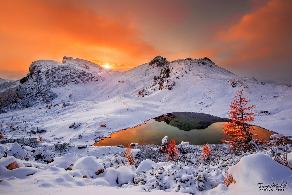 Dolomites, Italy, Alps, first snow, Südtirol, sun, clouds, sunset, beautiful place, passo Valparola, water, lake, Tomas Morkes
