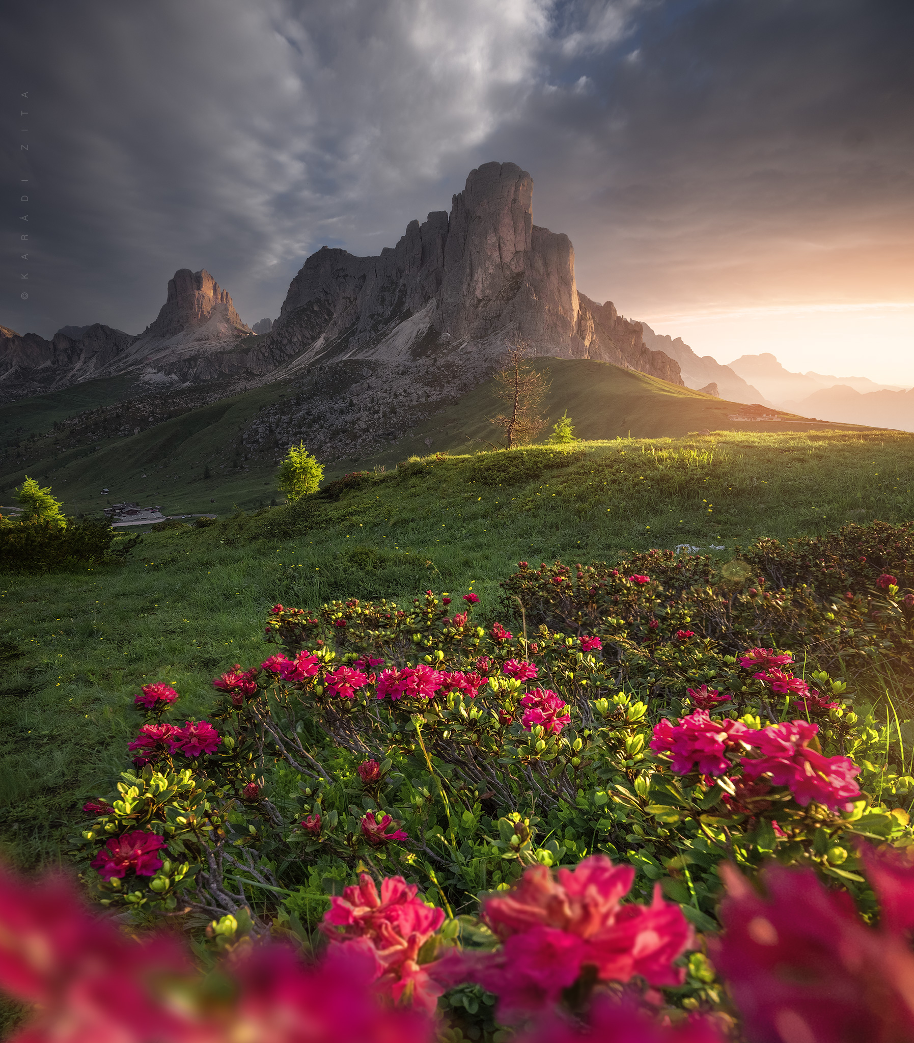 dolomiti, dolomites, sunrise, landscape, sky, sun, mountains, clouds, mountains, italy, flowers, lights, Karádi Zita