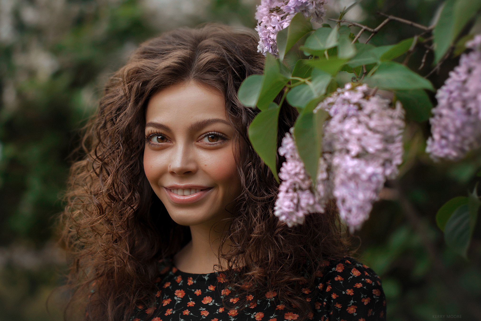 portrait, lilac, girl, plants, model, smile, happy, female, shot, 50mm,  Kerry Moore