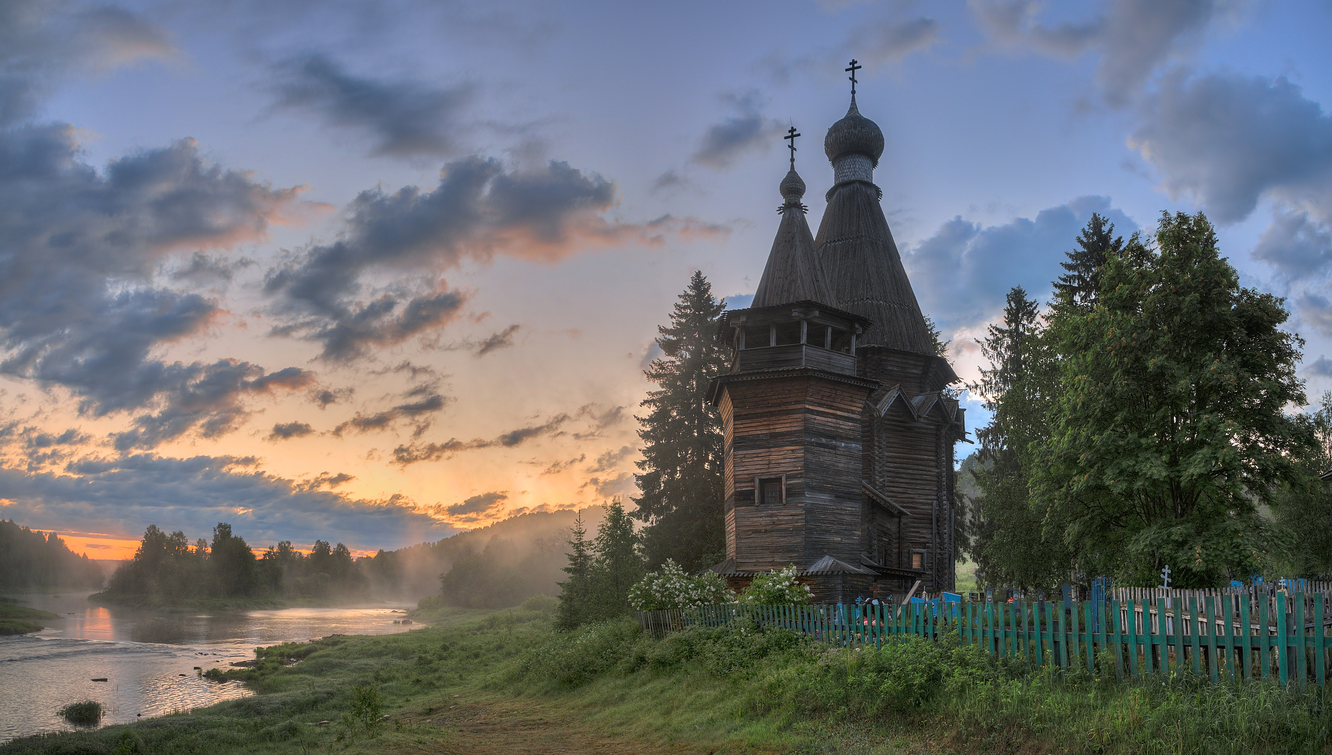 лето, деревня, утро, река, туман, церковь, Гармашов Сергей